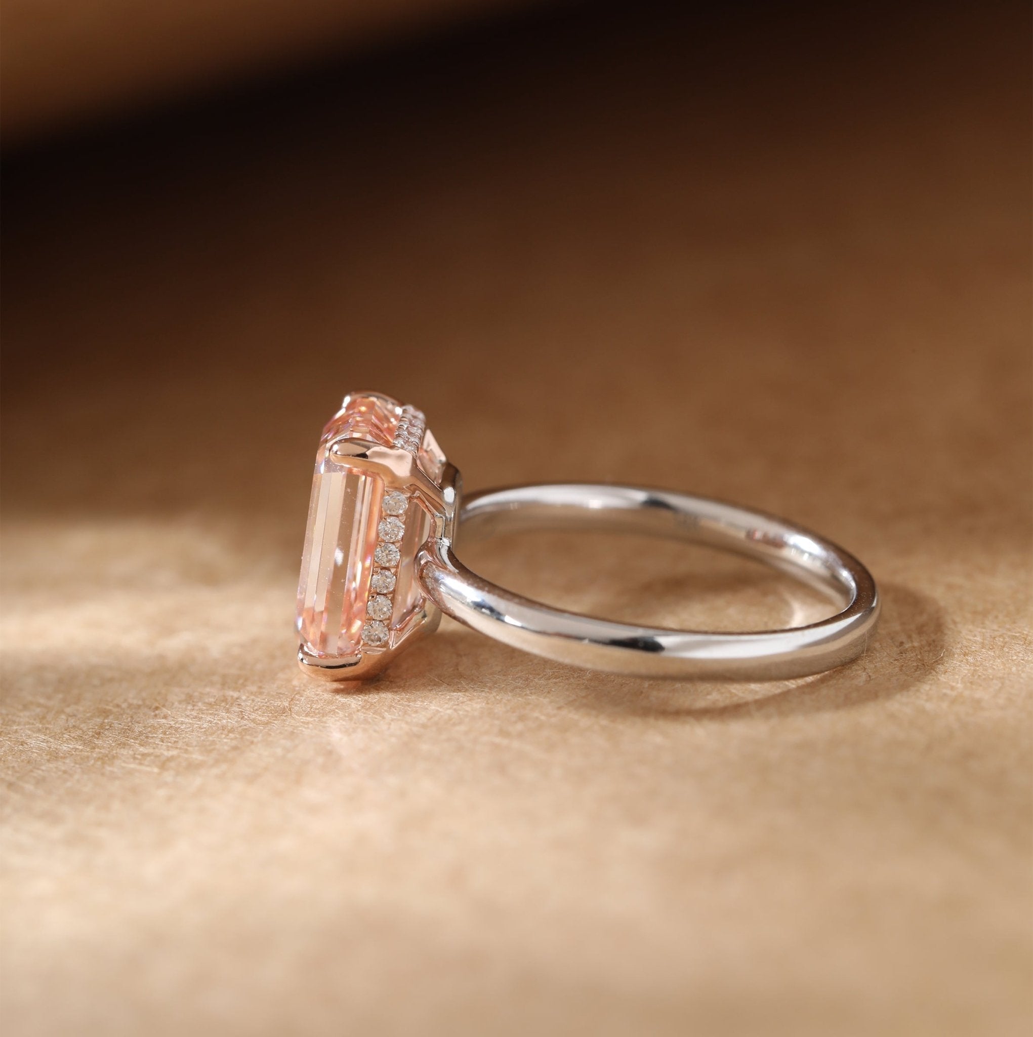 14K Gold 4CT Emerald - Cut Lab Pink Diamond Solitaire Ring with Hidden Halo - MMR