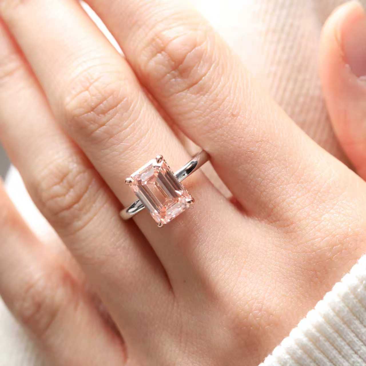 14K Gold 4CT Emerald - Cut Lab Pink Diamond Solitaire Ring with Hidden Halo - MMR