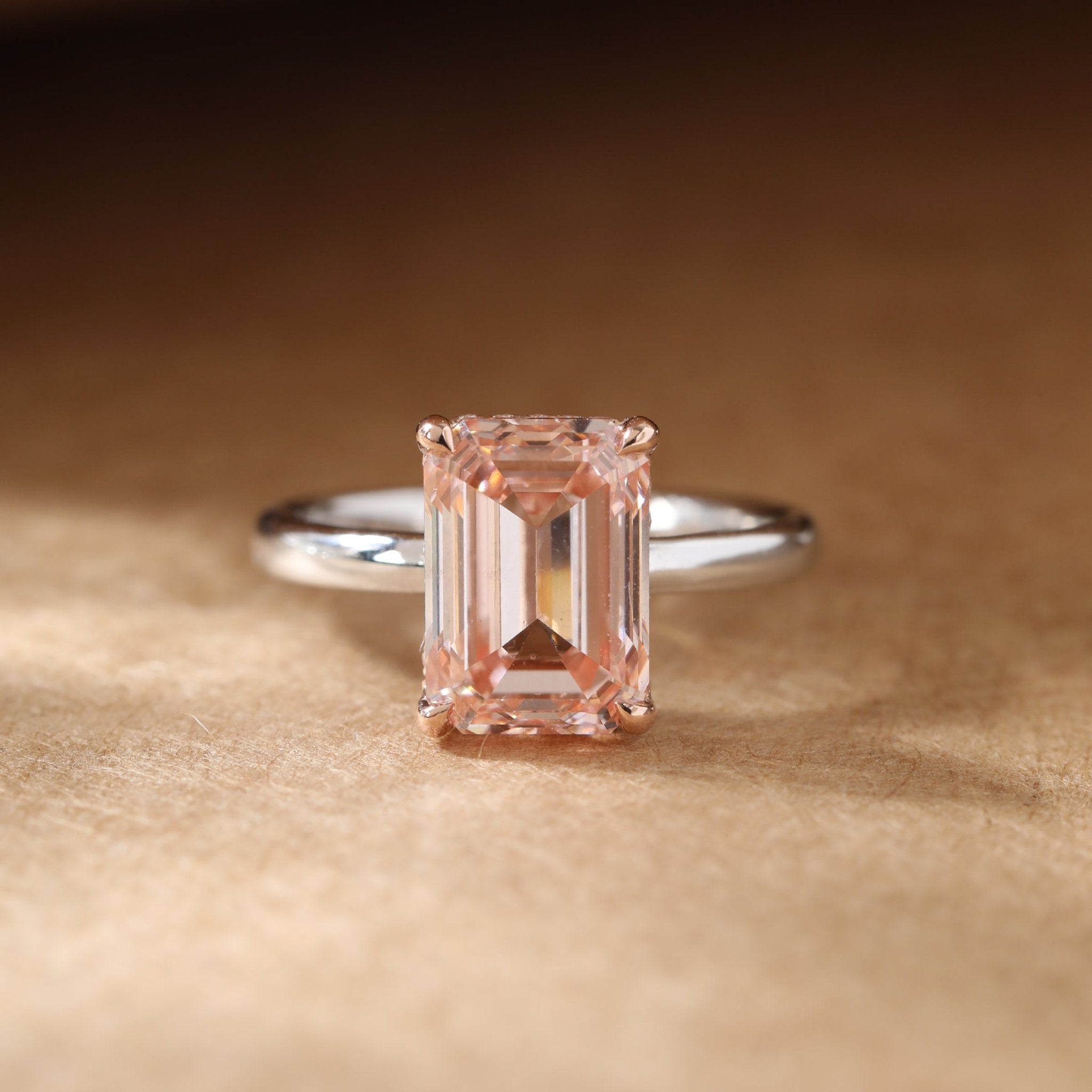 14K Gold 4CT Emerald - Cut Lab Pink Diamond Solitaire Ring with Hidden Halo - MMR
