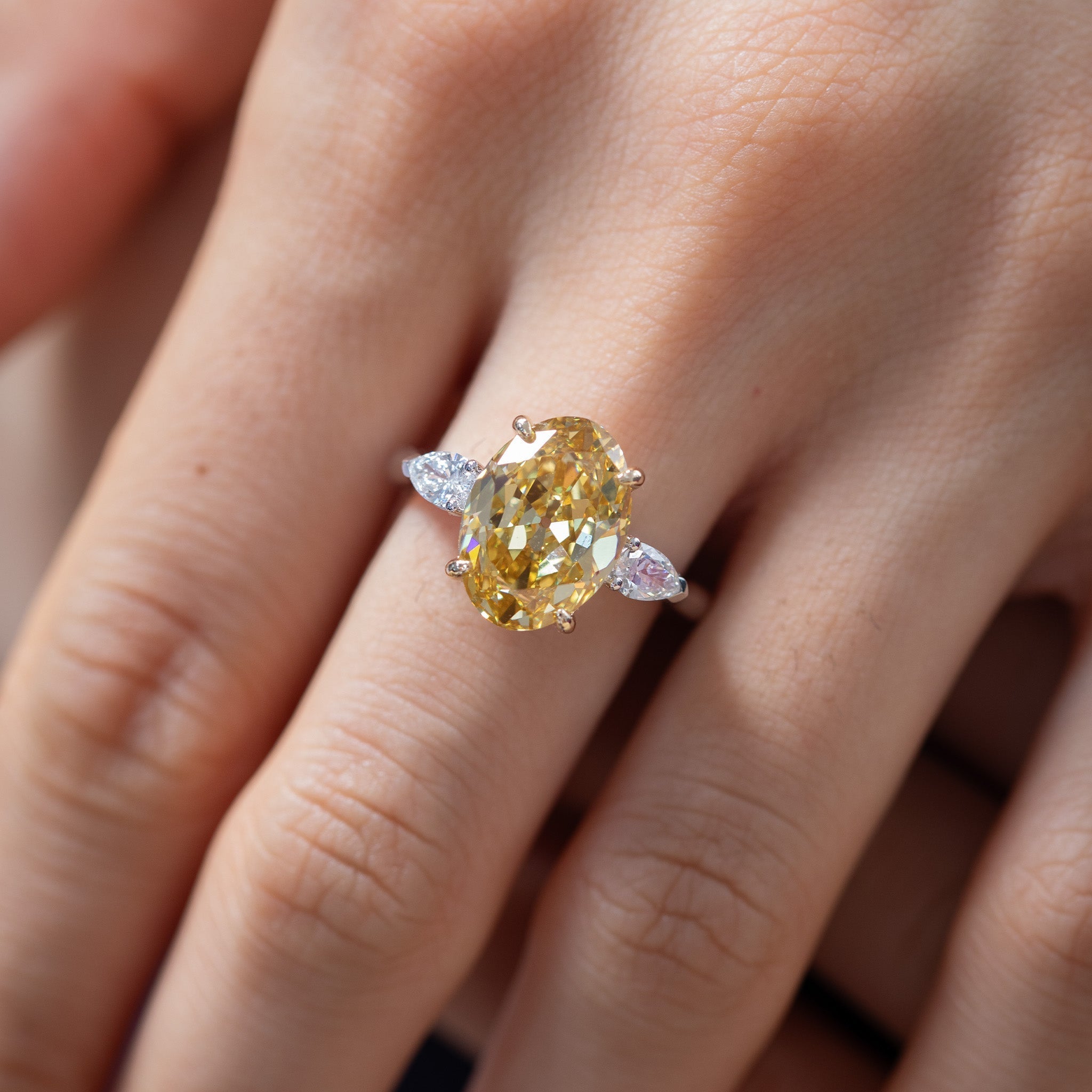 14K Gold 4CT Oval Old Mine Cut Lab Yellow Diamond Basket Set Three Stone Ring - MMR