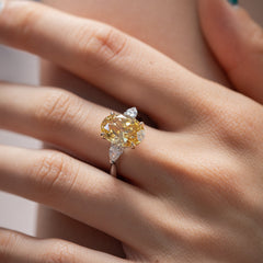 14K Gold 4CT Oval Old Mine Cut Lab Yellow Diamond Basket Set Three Stone Ring - MMR