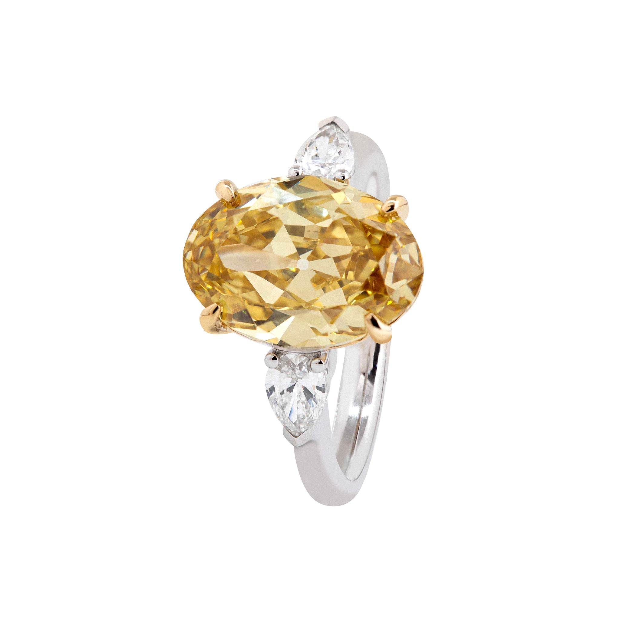 14K Gold 4CT Oval Old Mine Cut Lab Yellow Diamond Basket Set Three Stone Ring - MMR