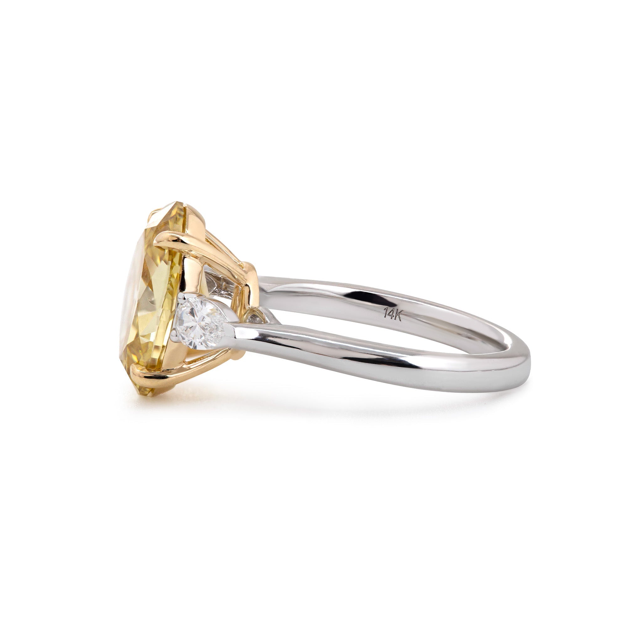 14K Gold 4CT Oval Old Mine Cut Lab Yellow Diamond Basket Set Three Stone Ring - MMR