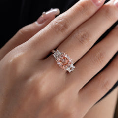 14K Gold 5.15CT Cushion Lab Pink Diamond Three Stone Ring - MMR