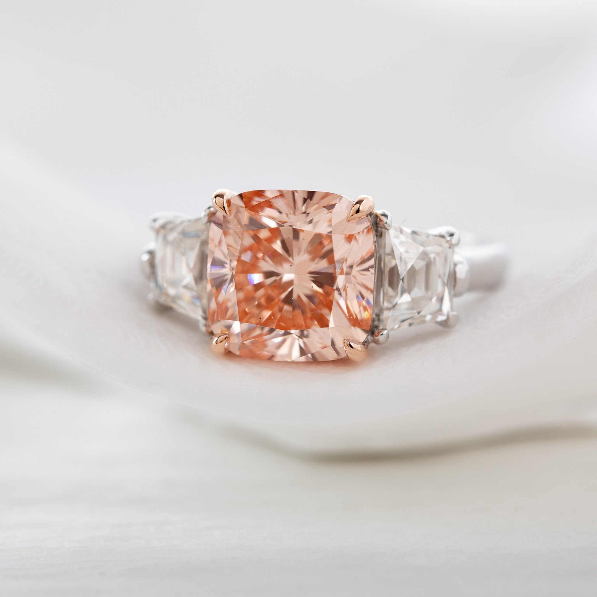14K Gold 5.15CT Cushion Lab Pink Diamond Three Stone Ring - MMR