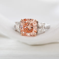 14K Gold 5.15CT Cushion Lab Pink Diamond Three Stone Ring - MMR