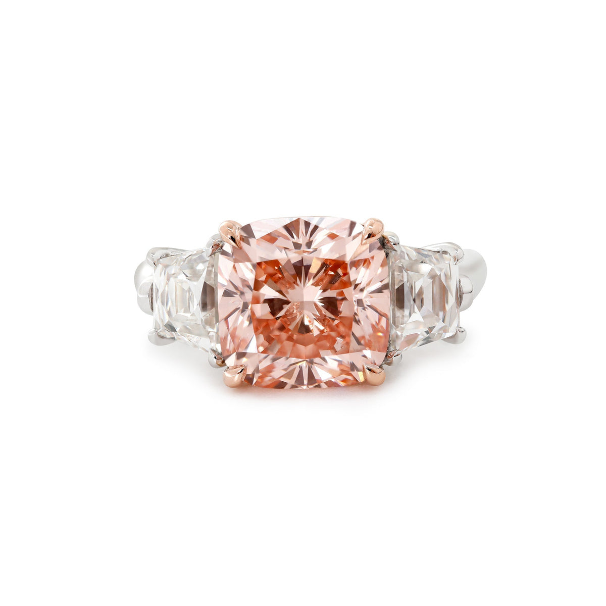 14K Gold 5.15CT Cushion Lab Pink Diamond Three Stone Ring - MMR