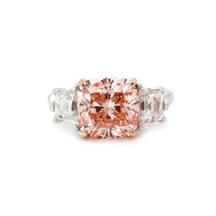 14K Gold 5.15CT Cushion Lab Pink Diamond Three Stone Ring - MMR