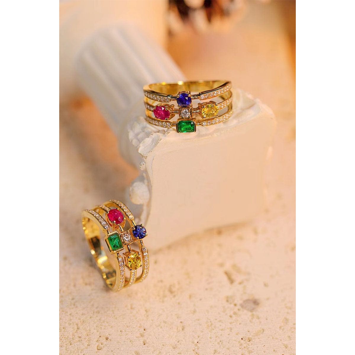 14k Gold Natural Emerald With Natural Red And Sapphire Ring