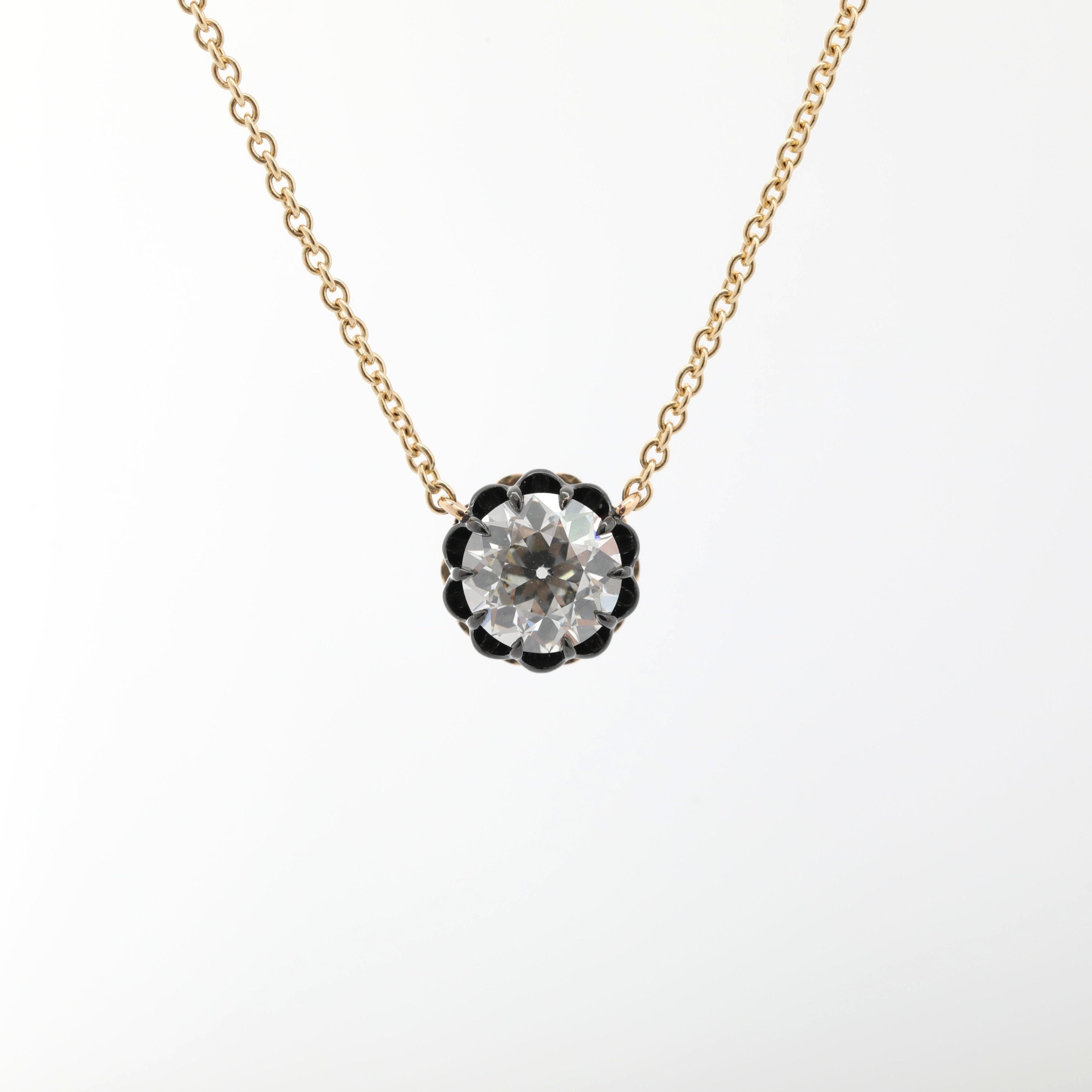 14K Gold Two Tone Design 0.93ct Old European Cut Lab Diamond Pendant Necklace with 16+2 Inches Adjustable Chain - MMR
