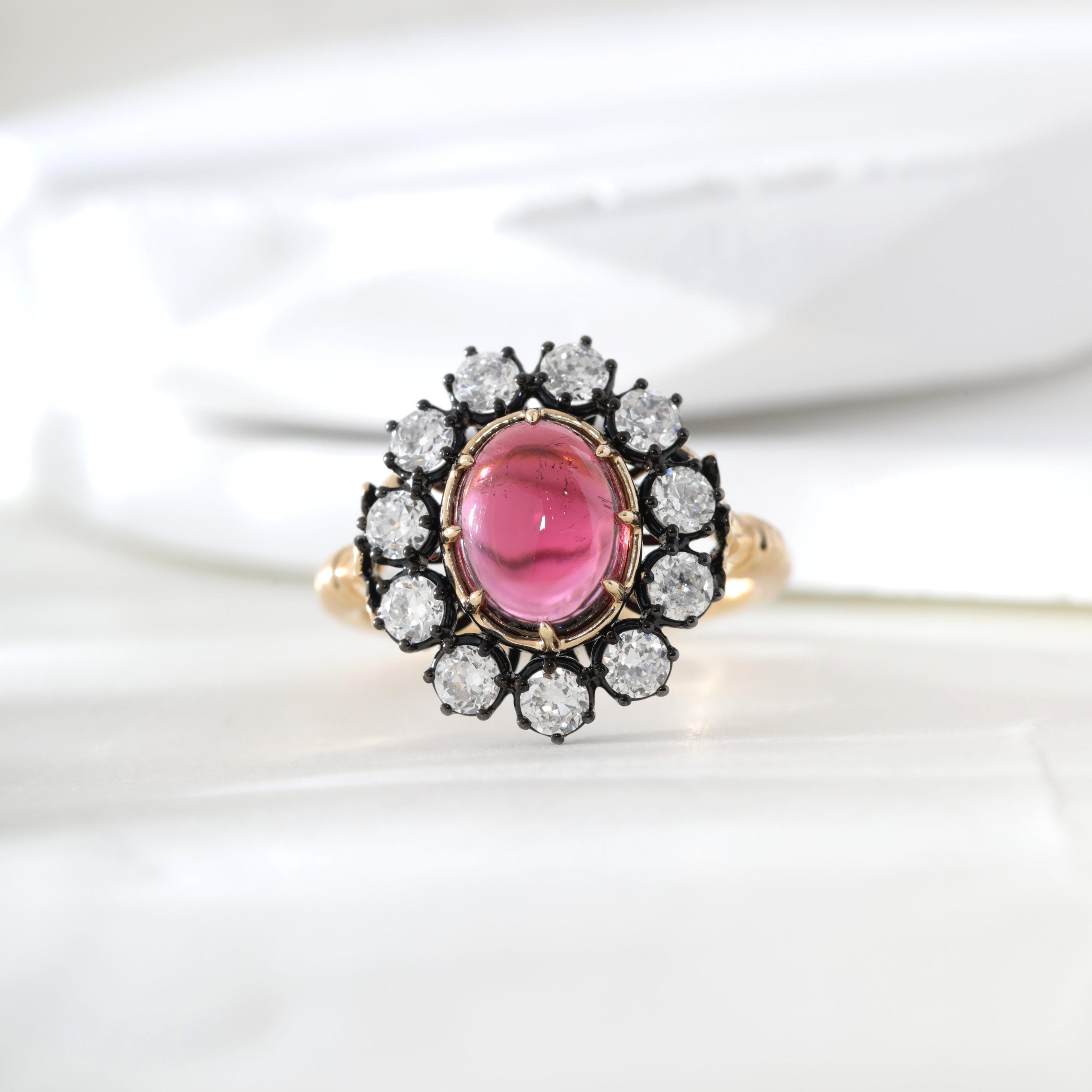 14K Gold Two Tone Design 1.92ct Cabochon Tourmaline Ring with Old European Cut Lab Diamond Halo - MMR