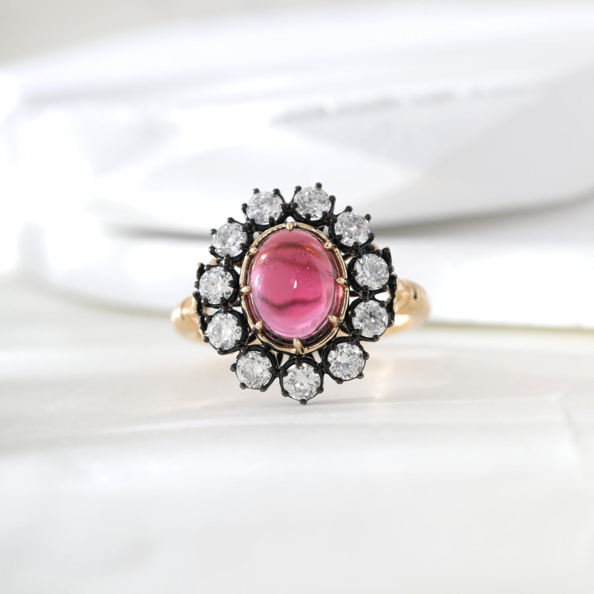 14K Gold Two Tone Design 1.92ct Cabochon Tourmaline Ring with Old European Cut Lab Diamond Halo - MMR