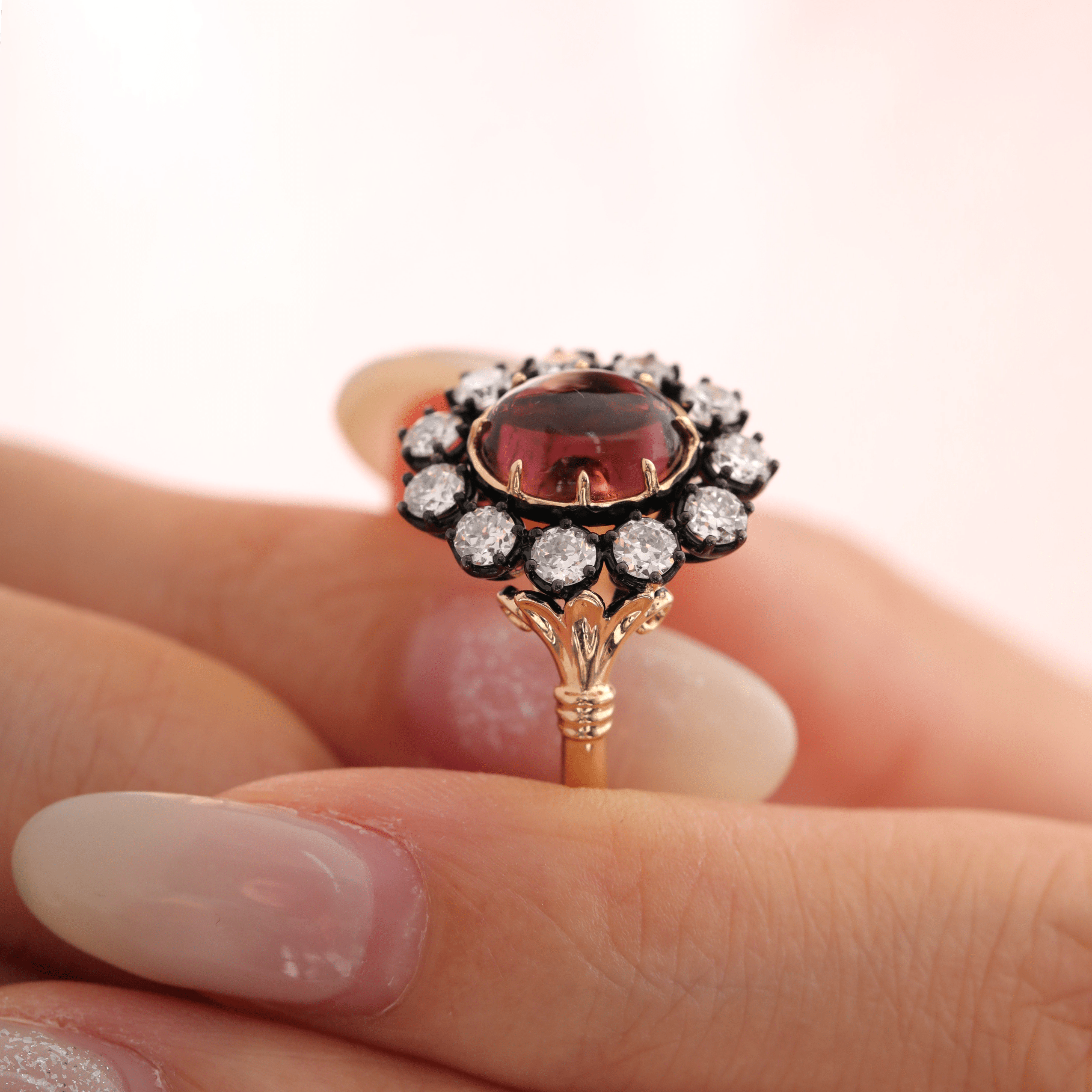 14K Gold Two Tone Design 1.92ct Cabochon Tourmaline Ring with Old European Cut Lab Diamond Halo - MMR
