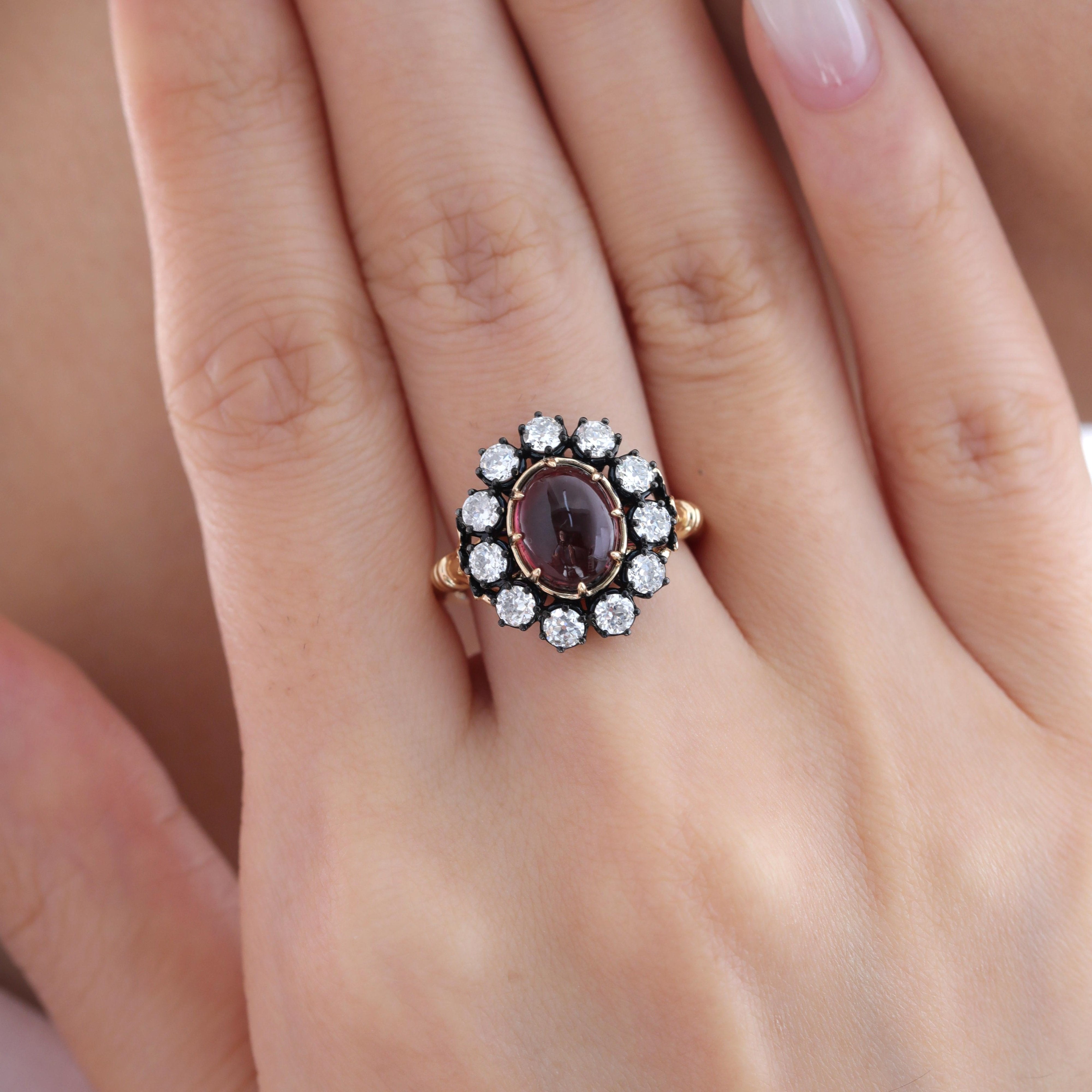 14K Gold Two Tone Design 1.92ct Cabochon Tourmaline Ring with Old European Cut Lab Diamond Halo - MMR