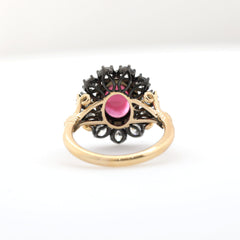 14K Gold Two Tone Design 1.92ct Cabochon Tourmaline Ring with Old European Cut Lab Diamond Halo - MMR