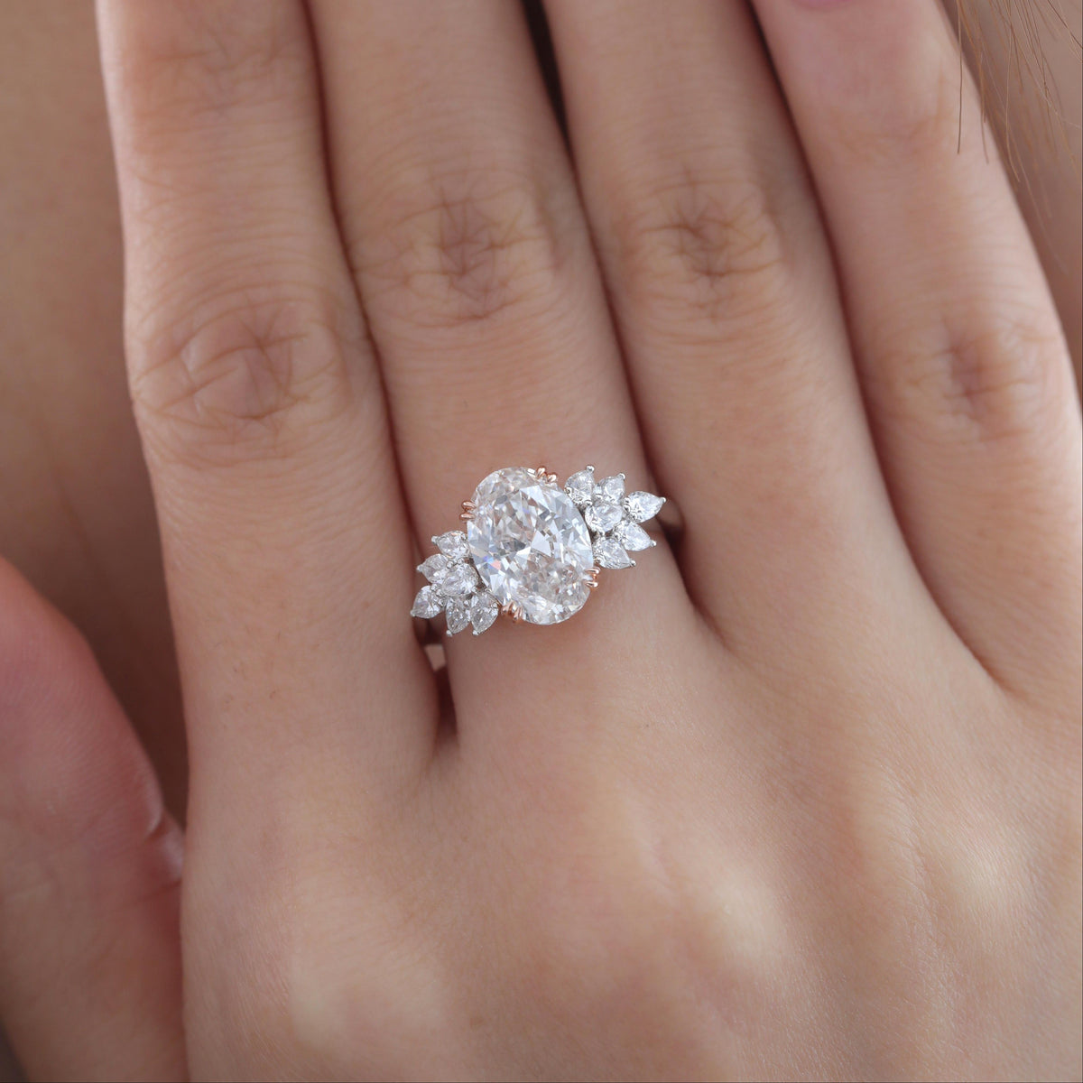 14K Gold Two Tone Design 2.52ct Oval Lab Diamond Cluster Ring - MMR