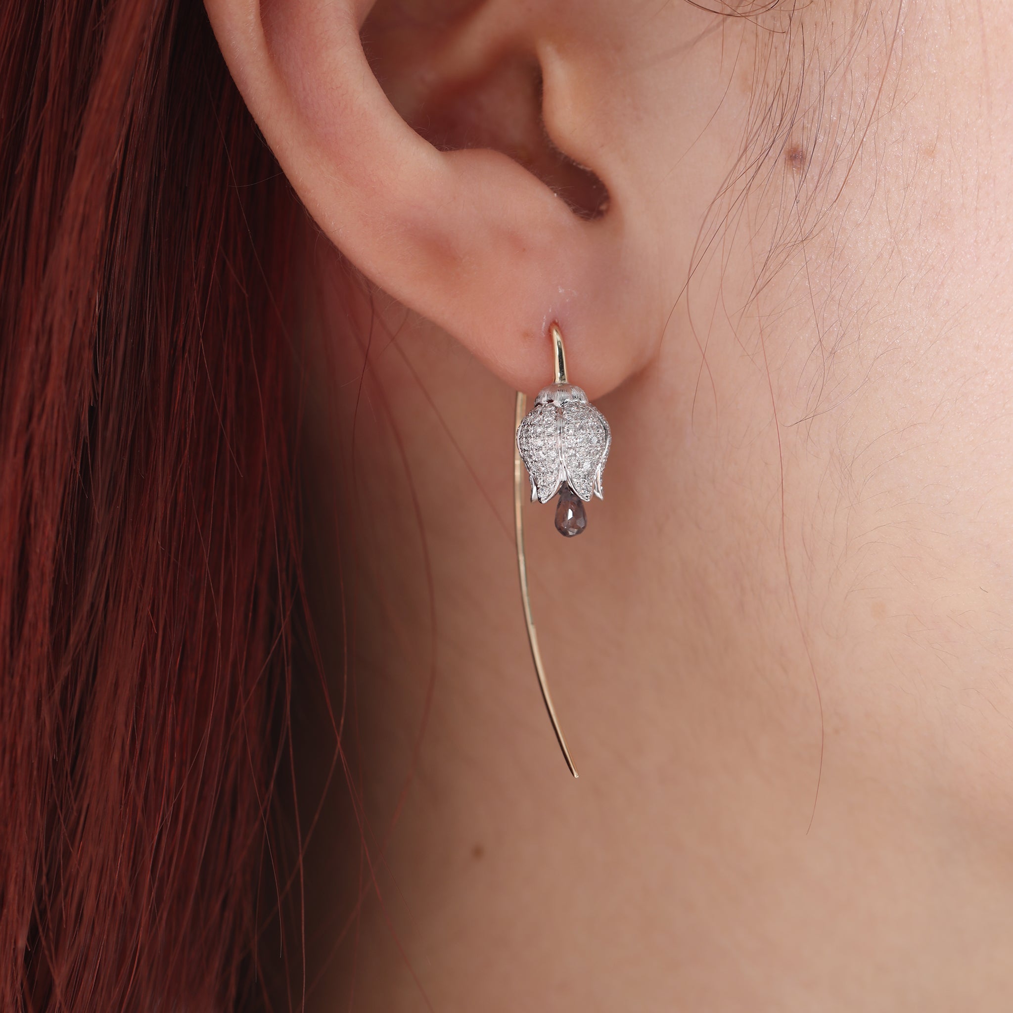 14K Gold Two Tone Design Round Cut Lab Diamond and Pink Natural Sapphire French Hook Earrings - MMR