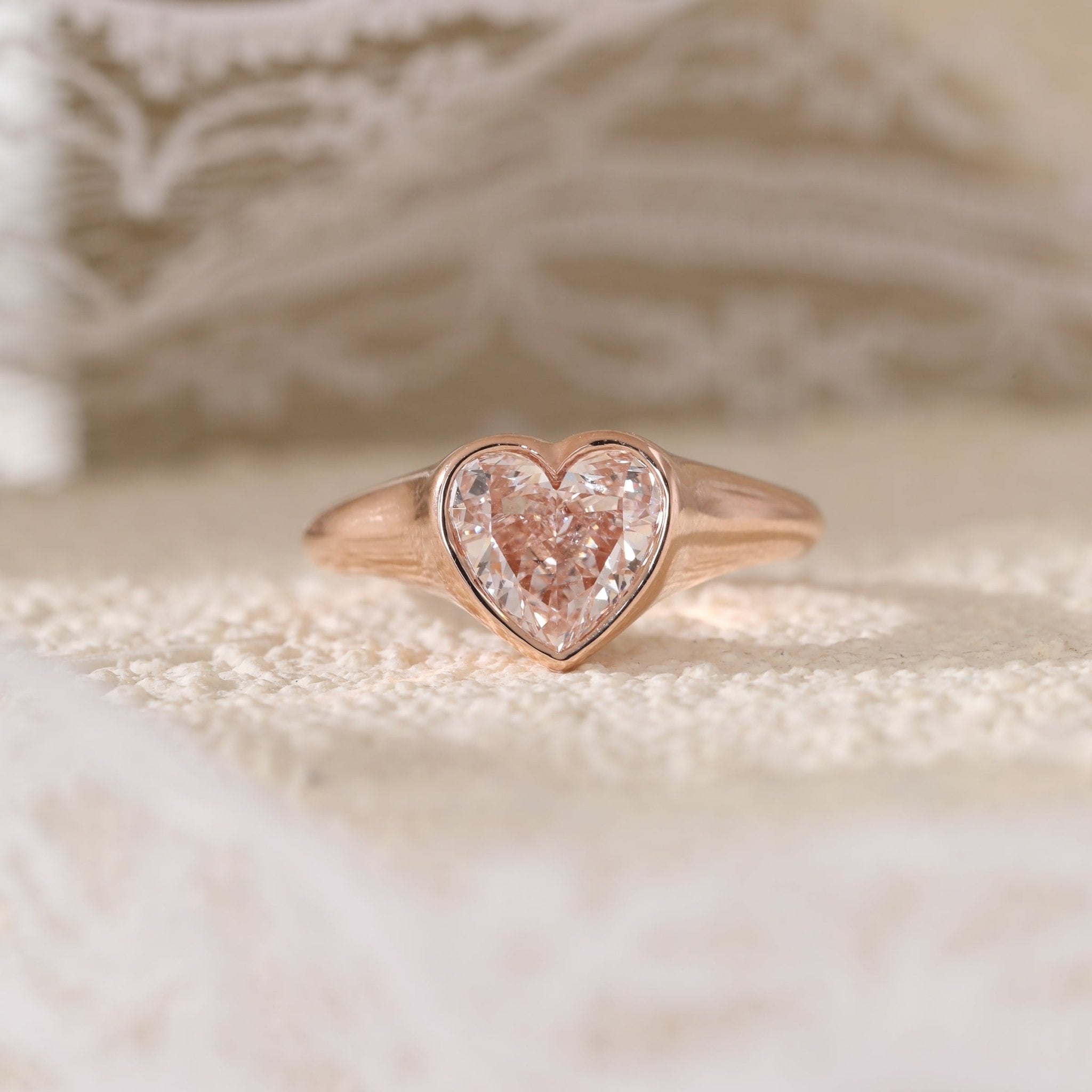 14K Rose Gold 1ct Heart Cut Pink Lab Diamond Bezel Solitaire Ring - MMR