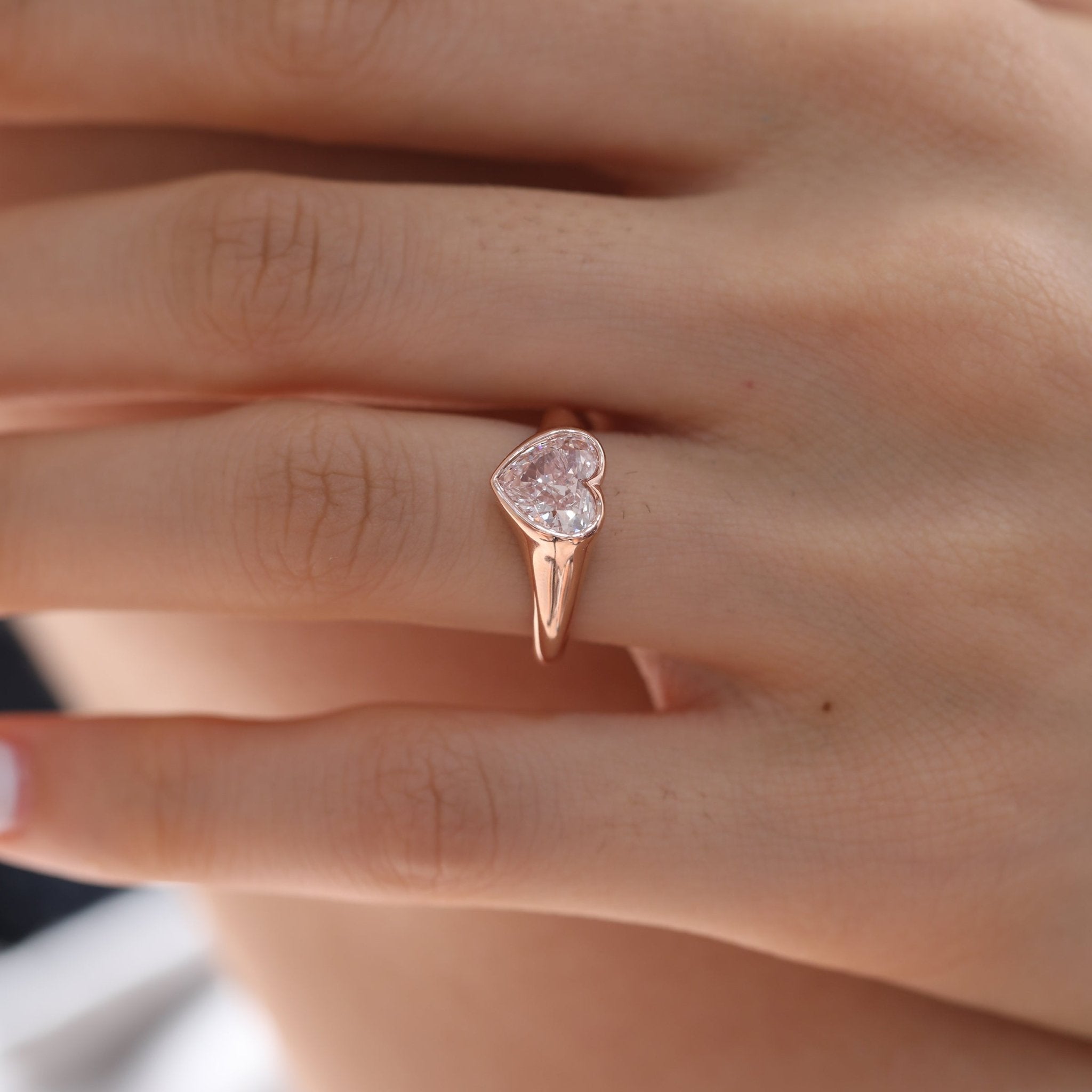 14K Rose Gold 1ct Heart Cut Pink Lab Diamond Bezel Solitaire Ring - MMR
