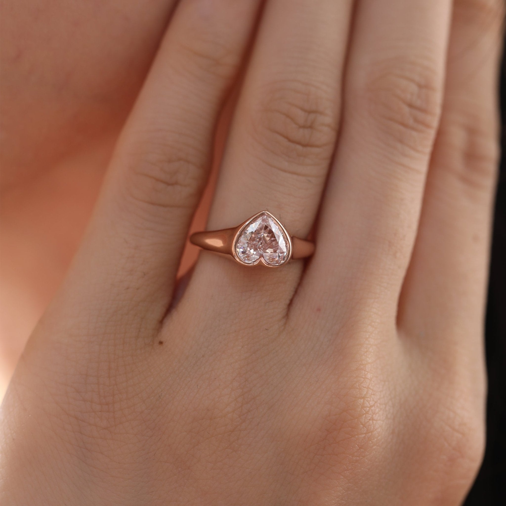 14K Rose Gold 1ct Heart Cut Pink Lab Diamond Bezel Solitaire Ring - MMR