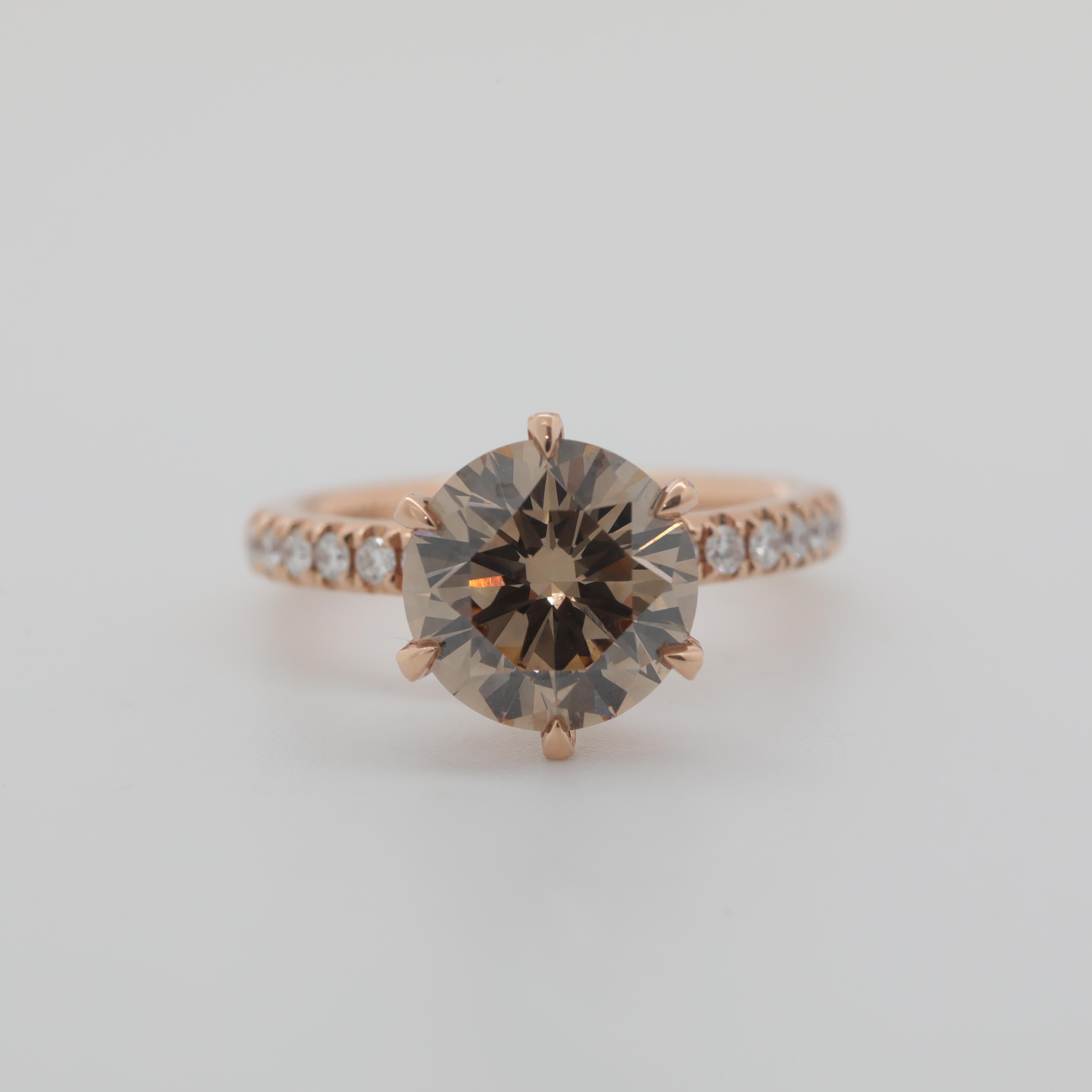 14K Rose Gold 2.41ct Round Cut Brown Lab Diamond 6 Prong Ring with Round Lab Diamond Pave - MMR