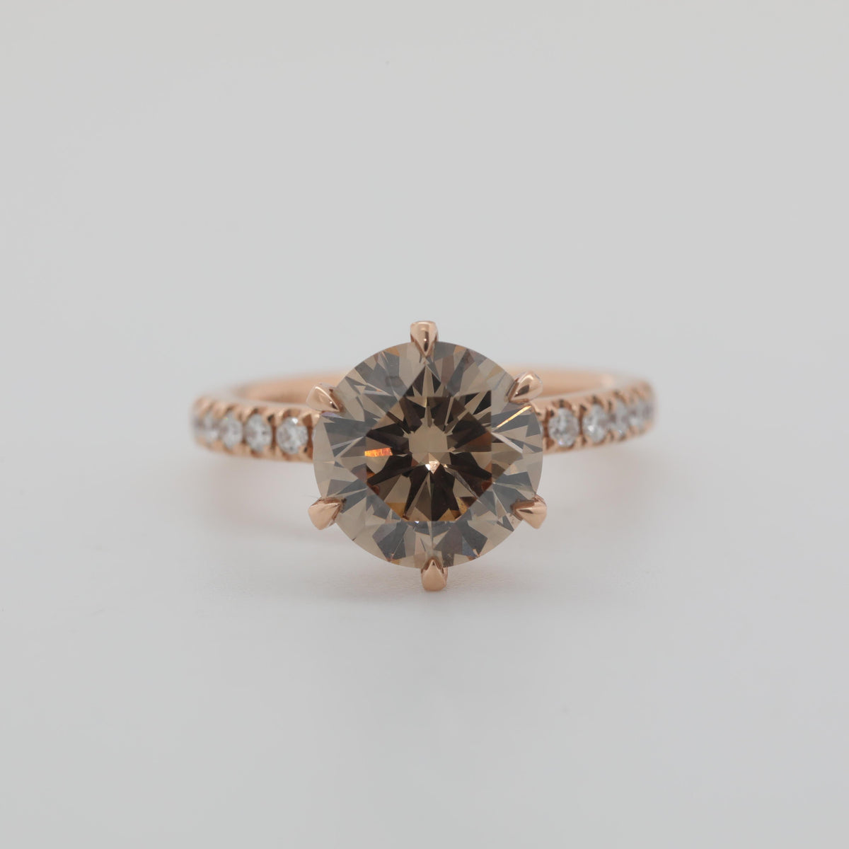 14K Rose Gold 2.41ct Round Cut Brown Lab Diamond 6 Prong Ring with Round Lab Diamond Pave - MMR