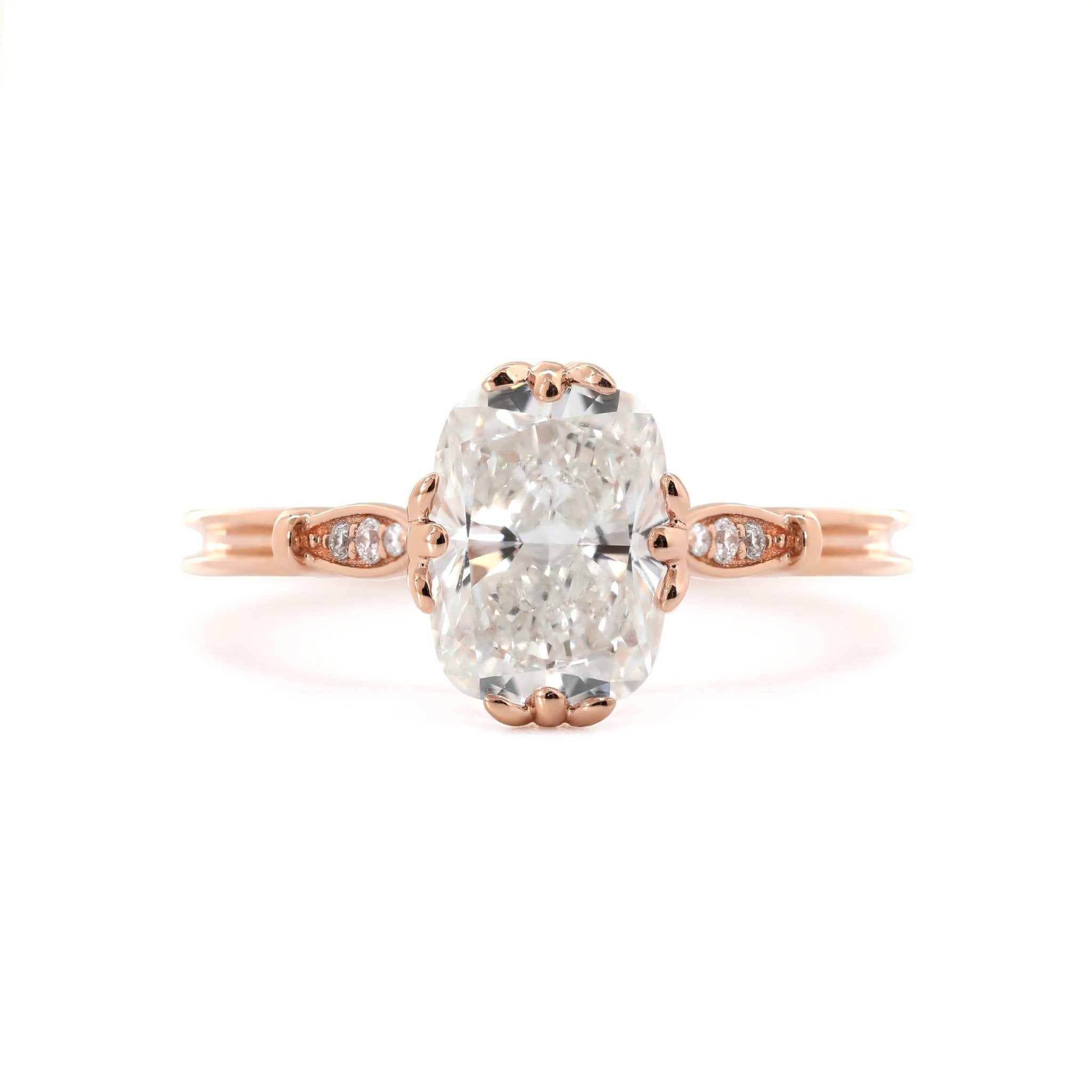 14K Rose Gold 2ct Elongated Cushion Cut Lab Diamond Triple Prong Cathedral Design Ring - MMR