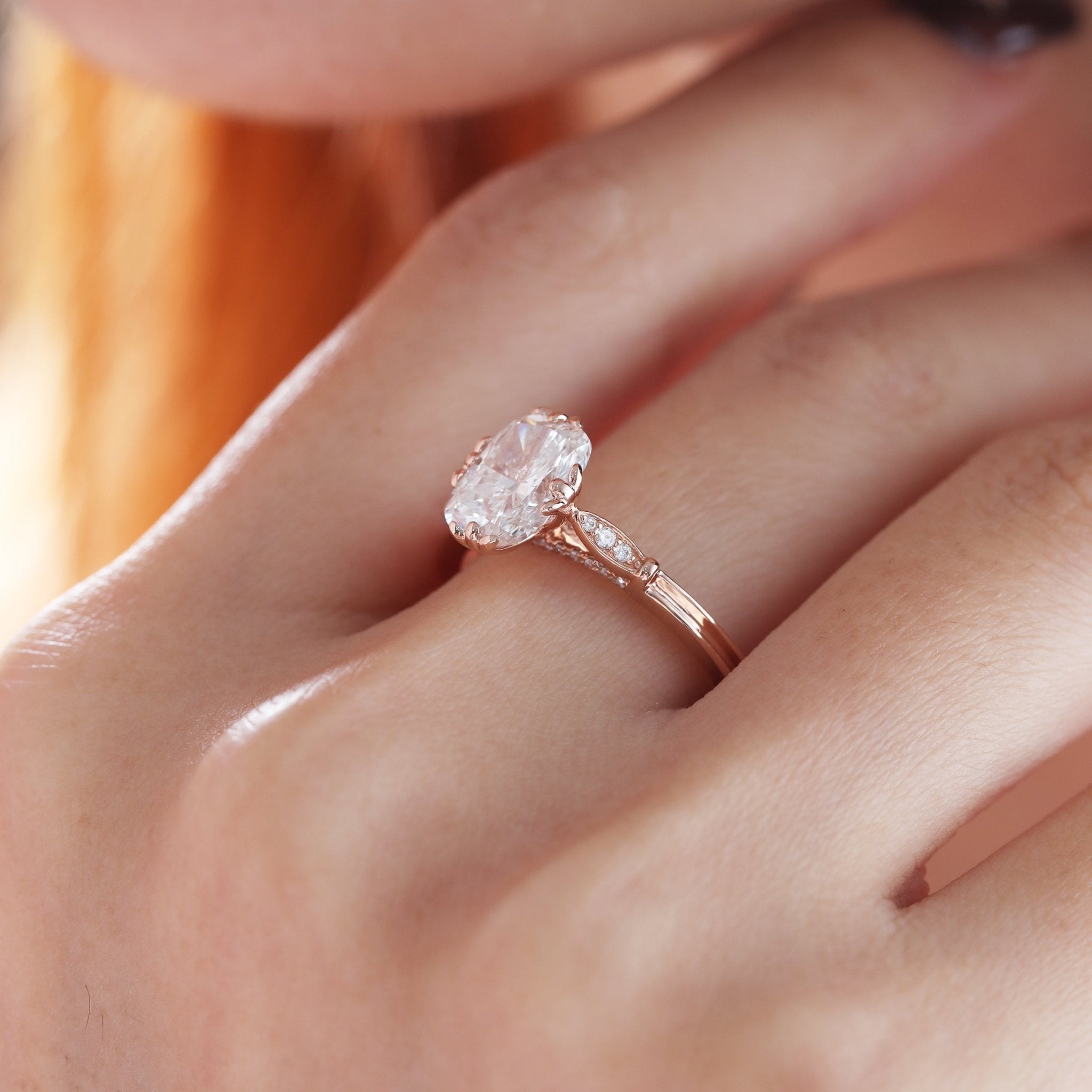 14K Rose Gold 2ct Elongated Cushion Cut Lab Diamond Triple Prong Cathedral Design Ring - MMR