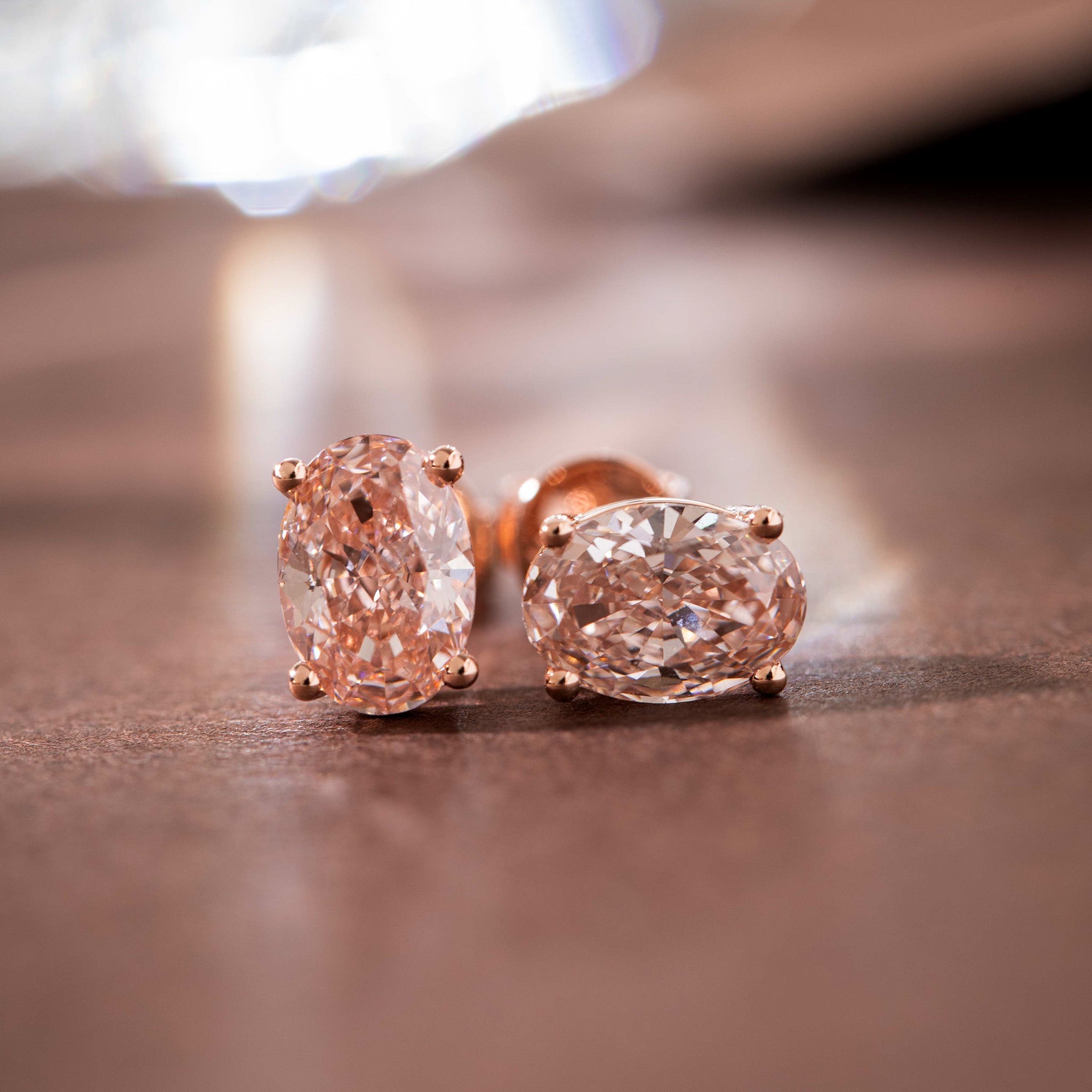 14K Rose Gold 2ct tw Oval Cut Pink Lab Diamond 4 Prong Basket Stud Earrings - MMR