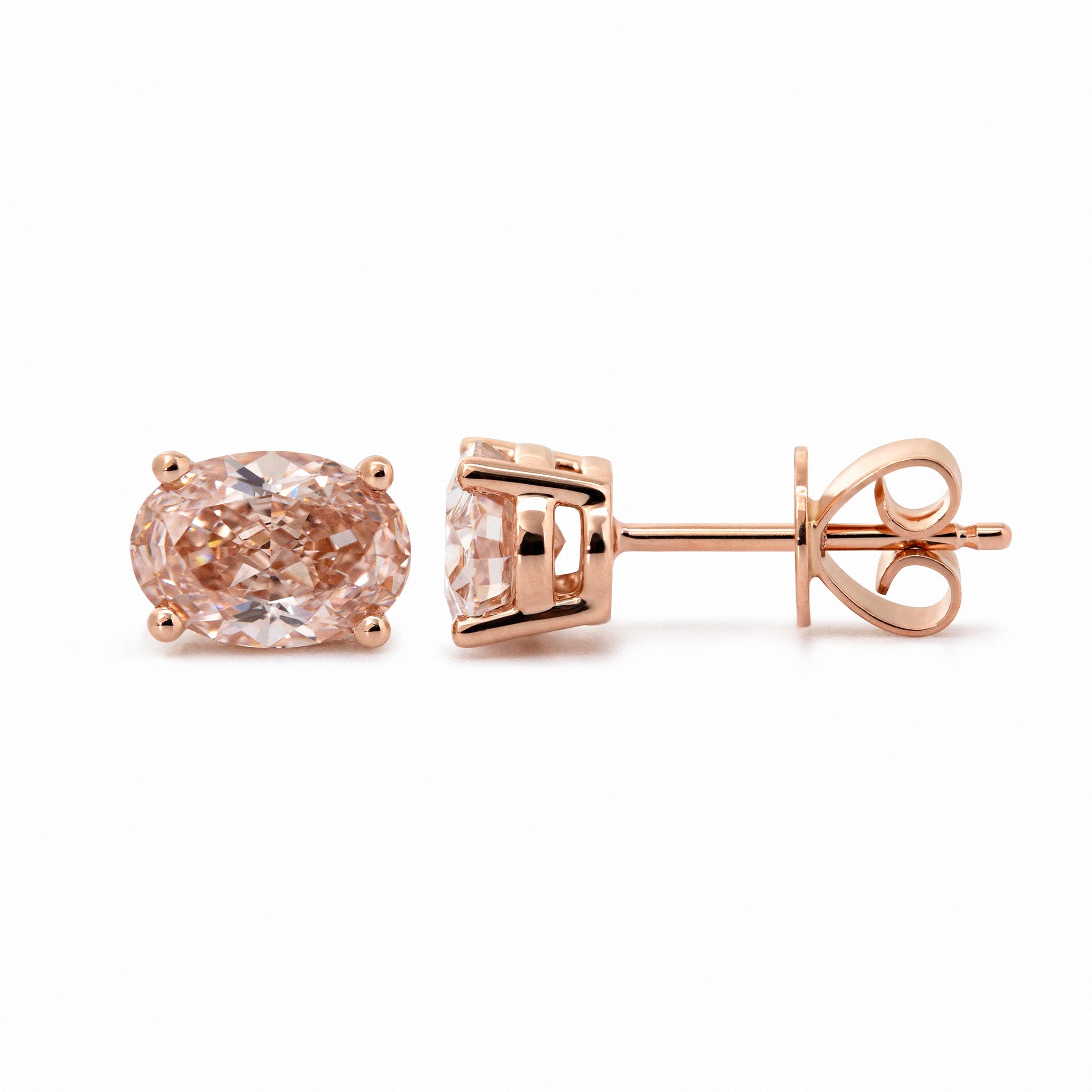 14K Rose Gold 2ct tw Oval Cut Pink Lab Diamond 4 Prong Basket Stud Earrings - MMR