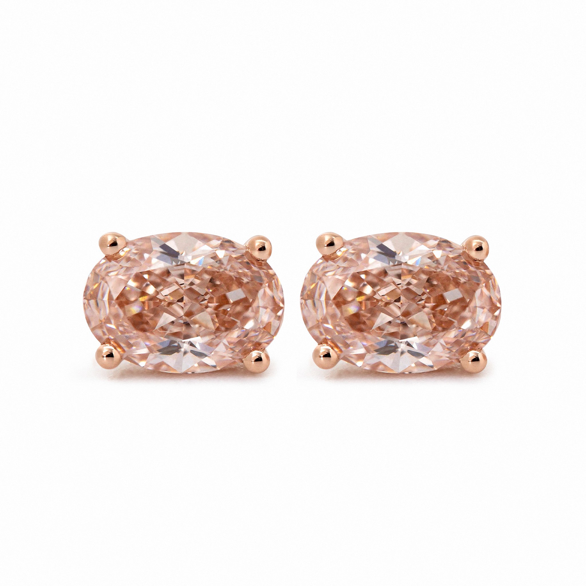 14K Rose Gold 2ct tw Oval Cut Pink Lab Diamond 4 Prong Basket Stud Earrings - MMR