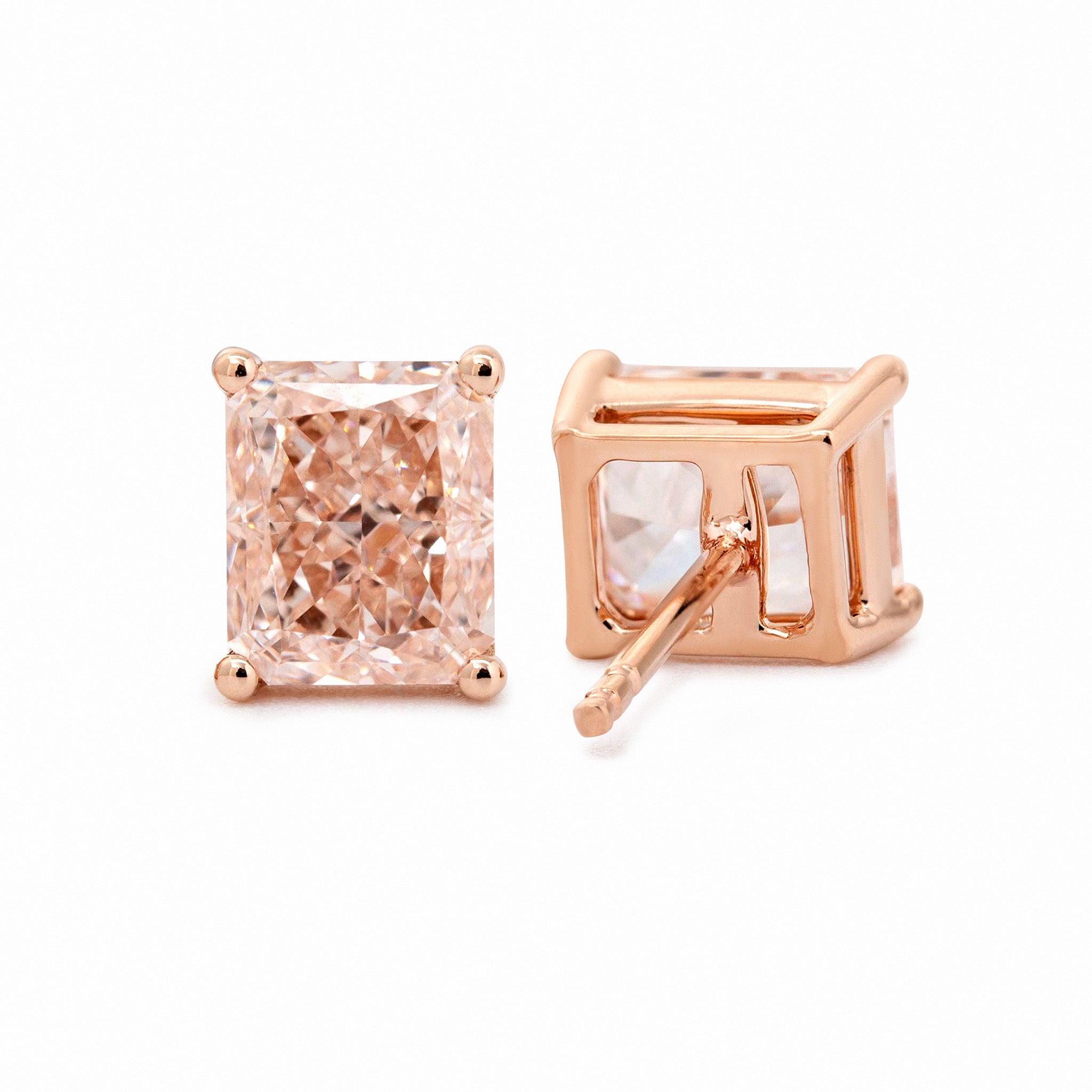 14K Rose Gold 2ct tw Radiant Cut Pink Lab Diamond 4 Prong Basket Stud Earrings - MMR