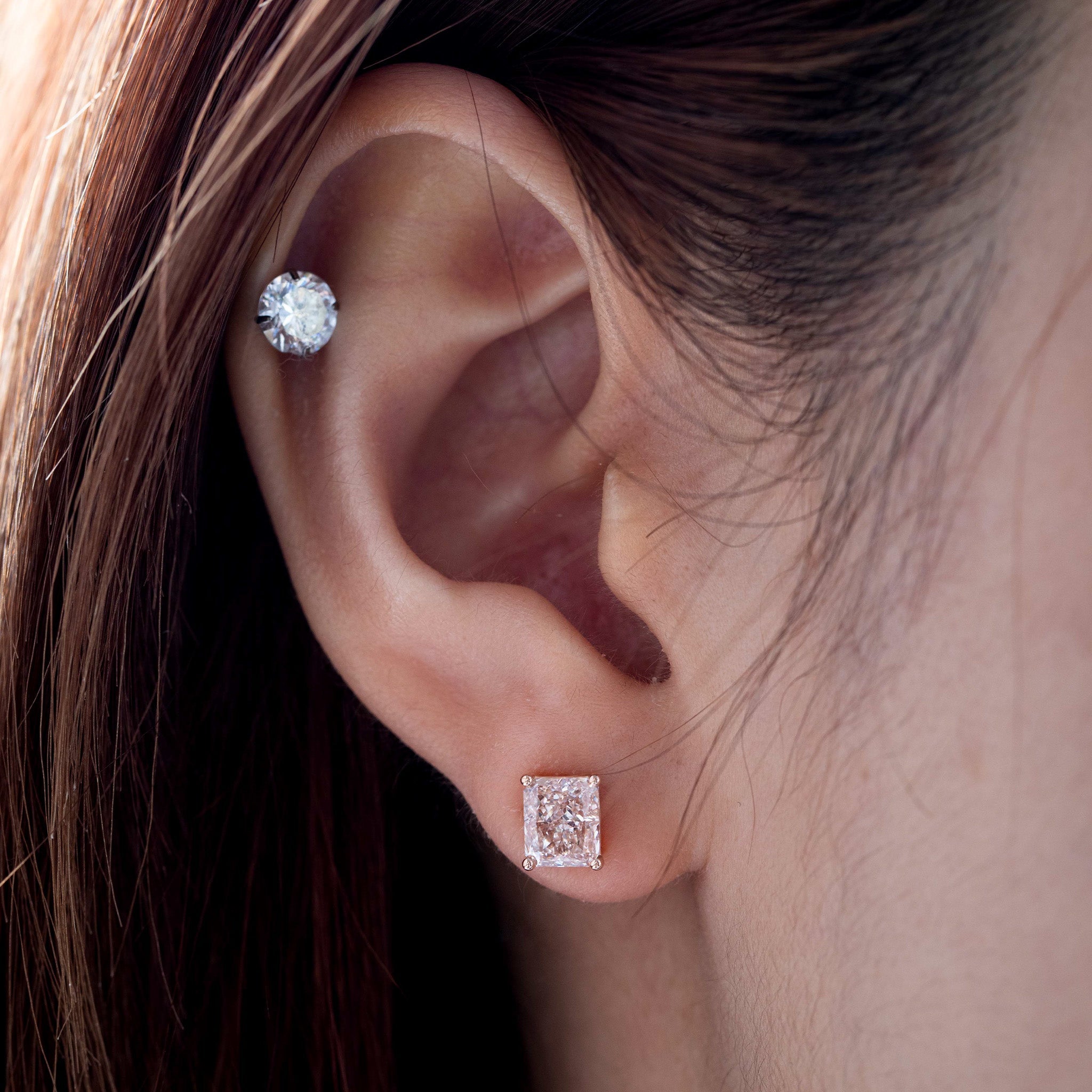 14K Rose Gold 2ct tw Radiant Cut Pink Lab Diamond 4 Prong Basket Stud Earrings - MMR