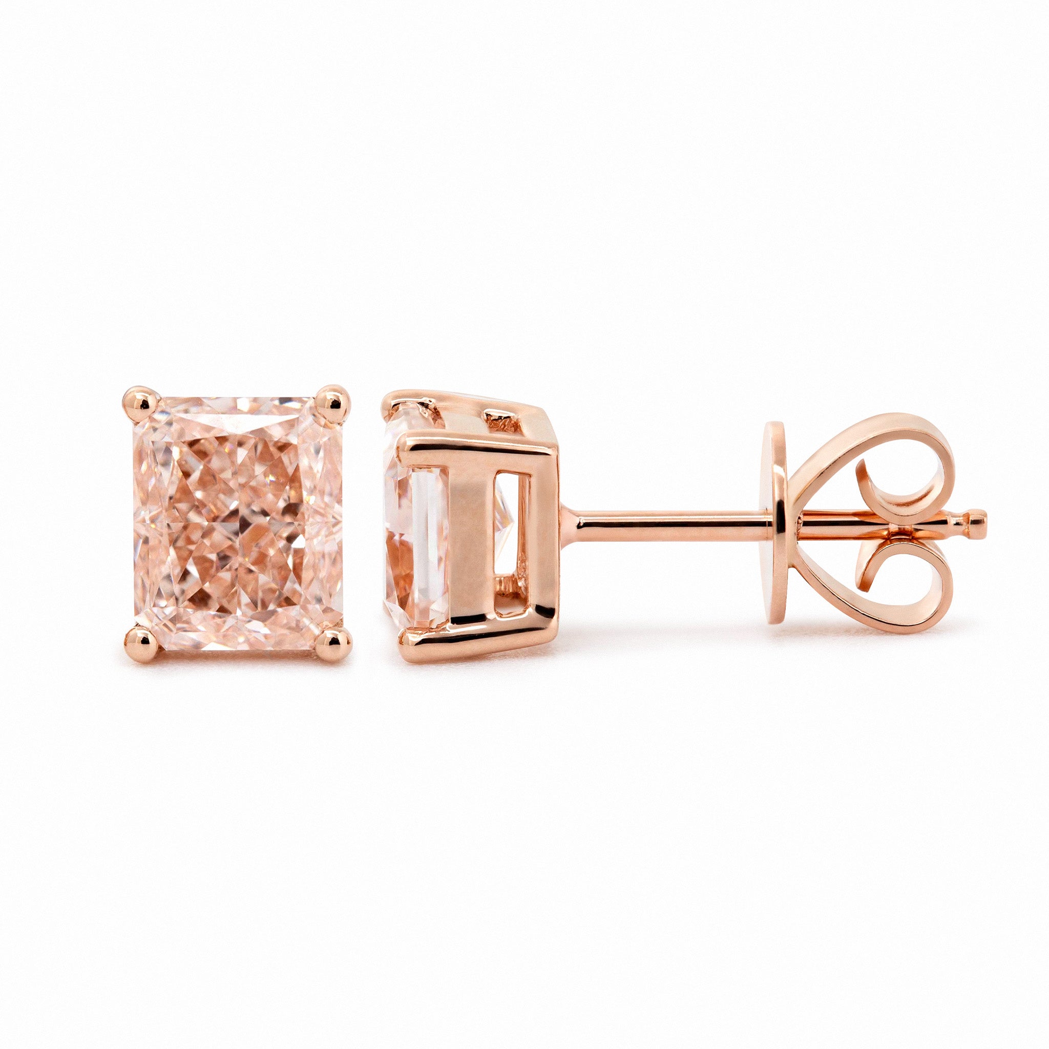 14K Rose Gold 2ct tw Radiant Cut Pink Lab Diamond 4 Prong Basket Stud Earrings - MMR