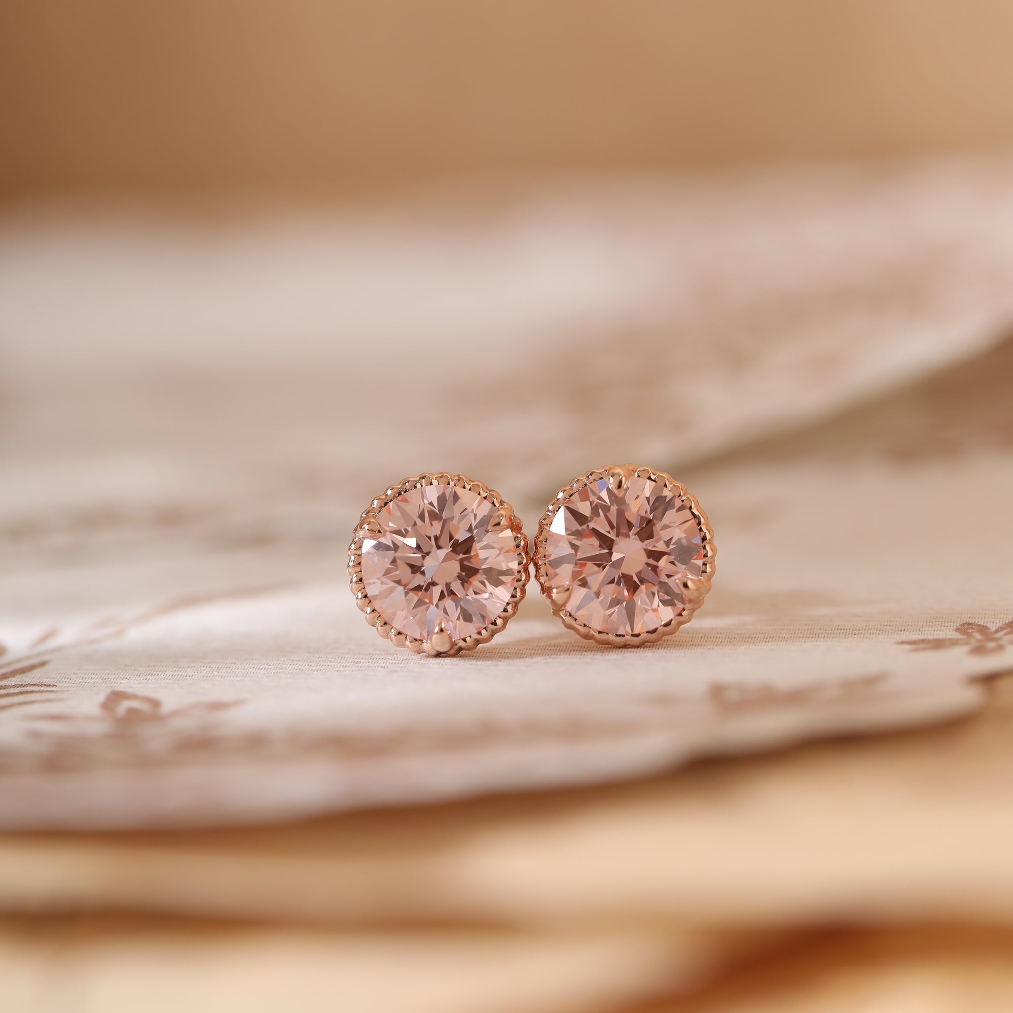 14K Rose Gold 2ct tw Round Cut Pink Lab Diamond Three Prong Marniti Stud Earrings - MMR