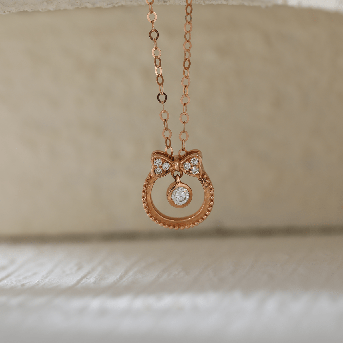 14K Rose Gold Bow Tie Pendant Necklace with Round Lab Dimaond - MMR