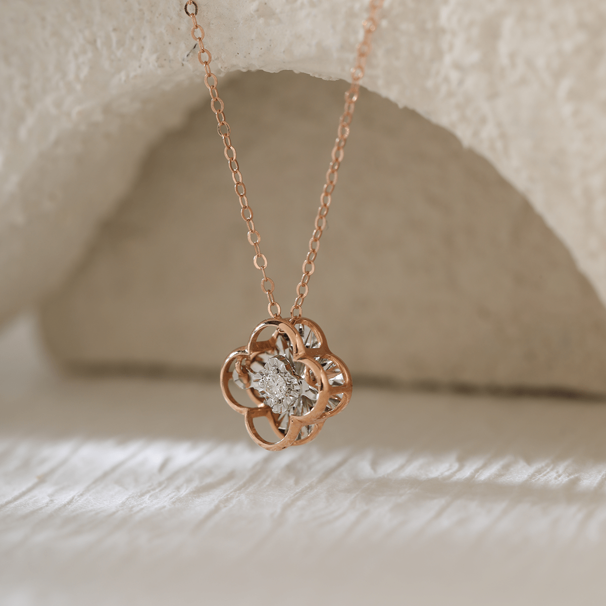 14K Rose Gold Clover Pendant Necklace with Round Lab Diamond in A Diamond - Cut Texture Halo - MMR