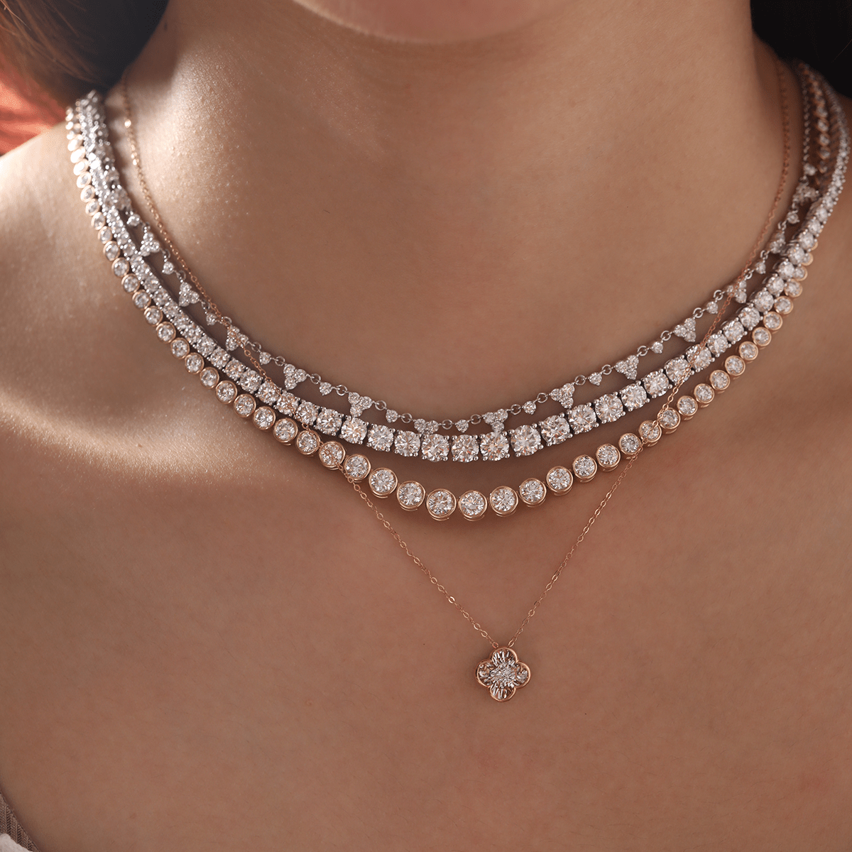 14K Rose Gold Clover Pendant Necklace with Round Lab Diamond in A Diamond - Cut Texture Halo - MMR