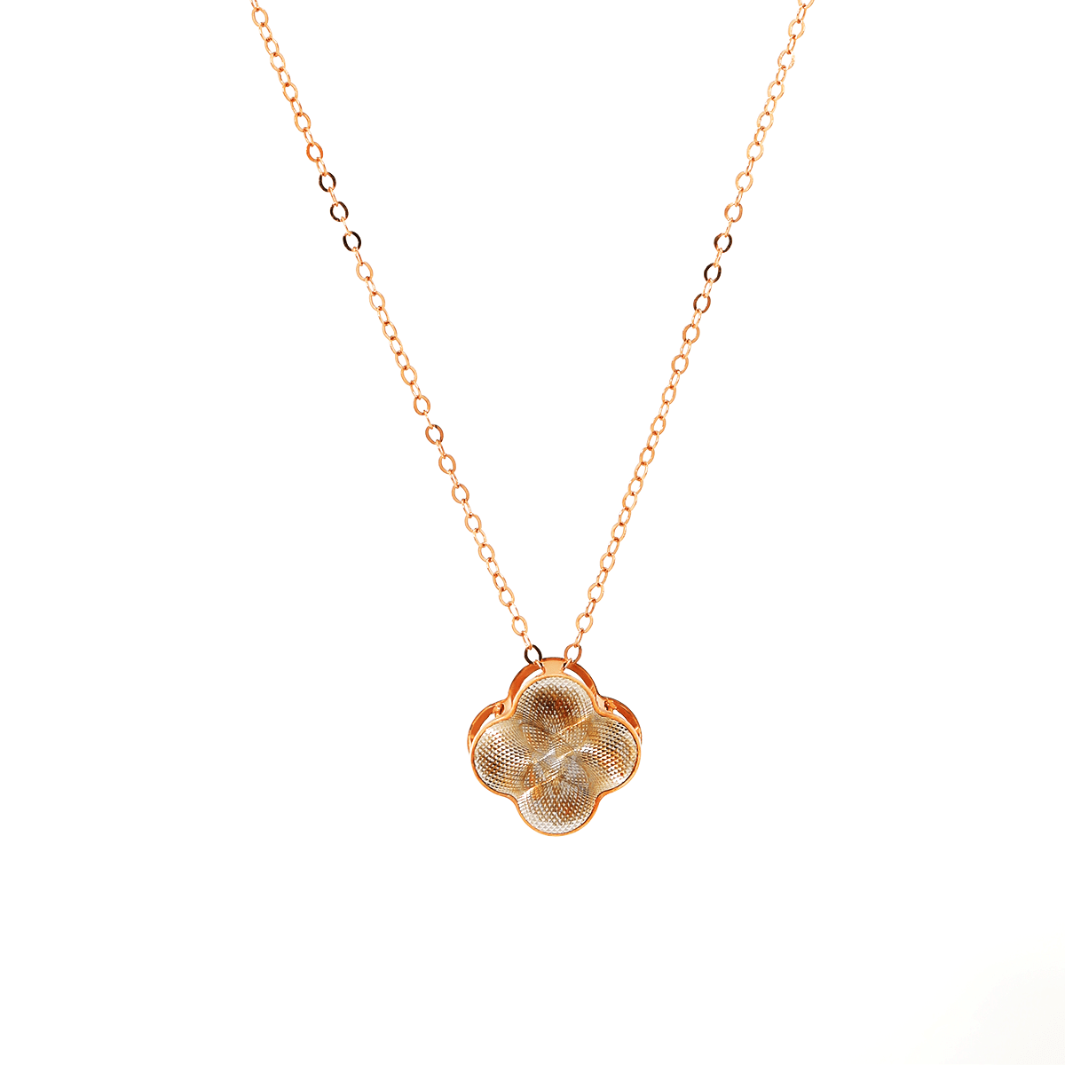 14K Rose Gold Clover Pendant Necklace with Round Lab Diamond in A Diamond - Cut Texture Halo - MMR