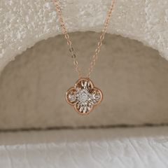 14K Rose Gold Clover Pendant Necklace with Round Lab Diamond in A Diamond - Cut Texture Halo - MMR