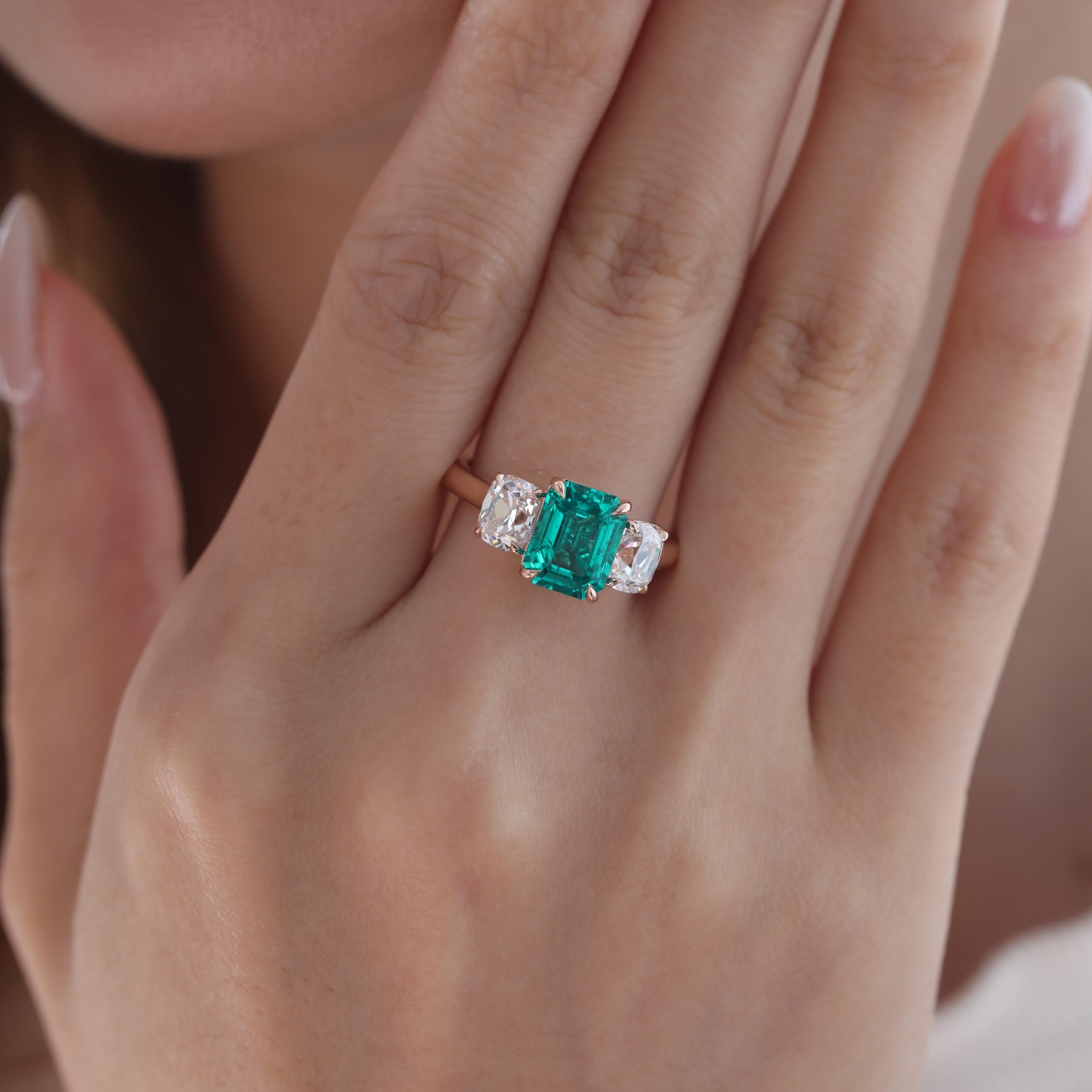 14K Rose Gold Lab Colombian Emerald Three-Stone Ring with Elongated Old Mine Cut Side Stones - MMR