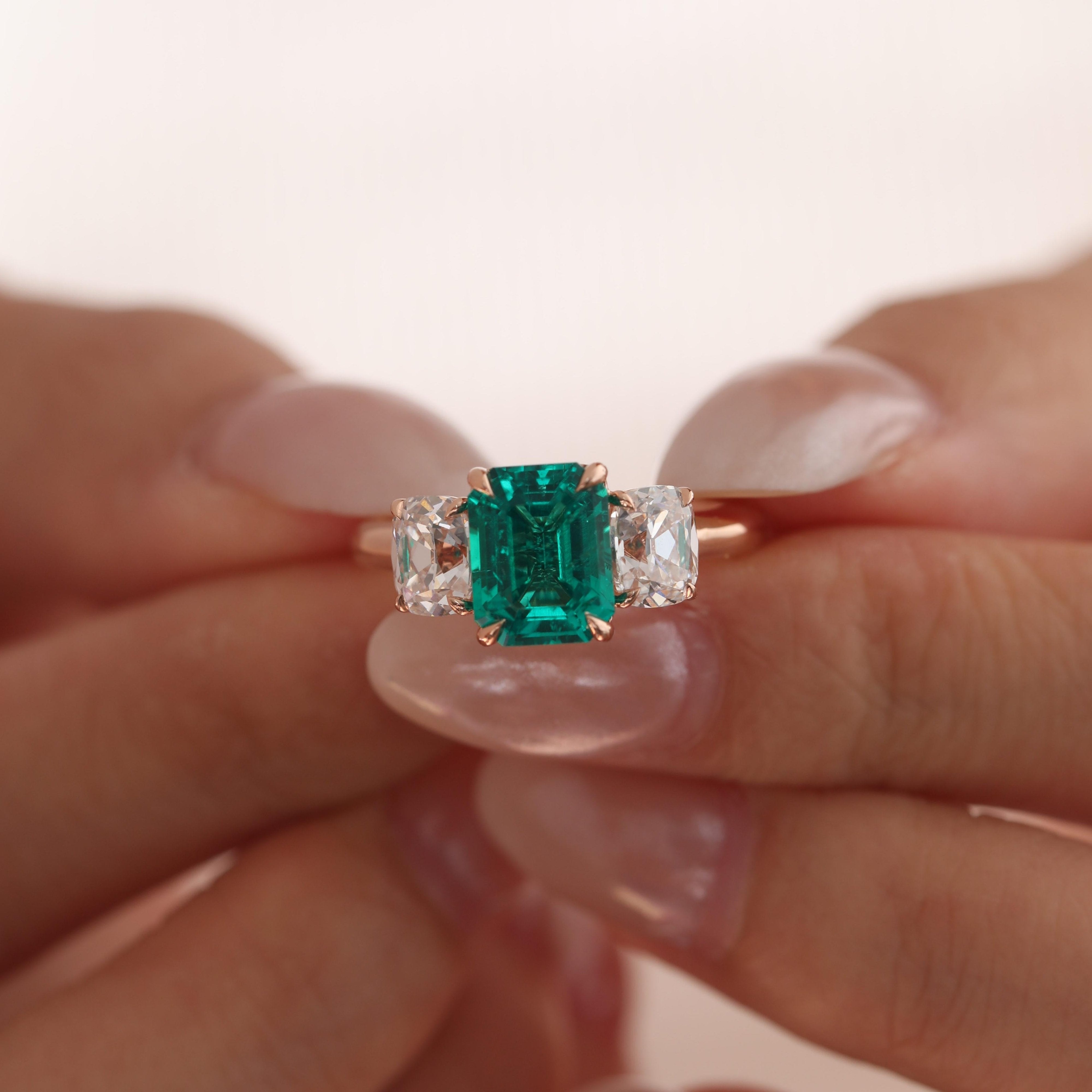 14K Rose Gold Lab Colombian Emerald Three-Stone Ring with Elongated Old Mine Cut Side Stones - MMR