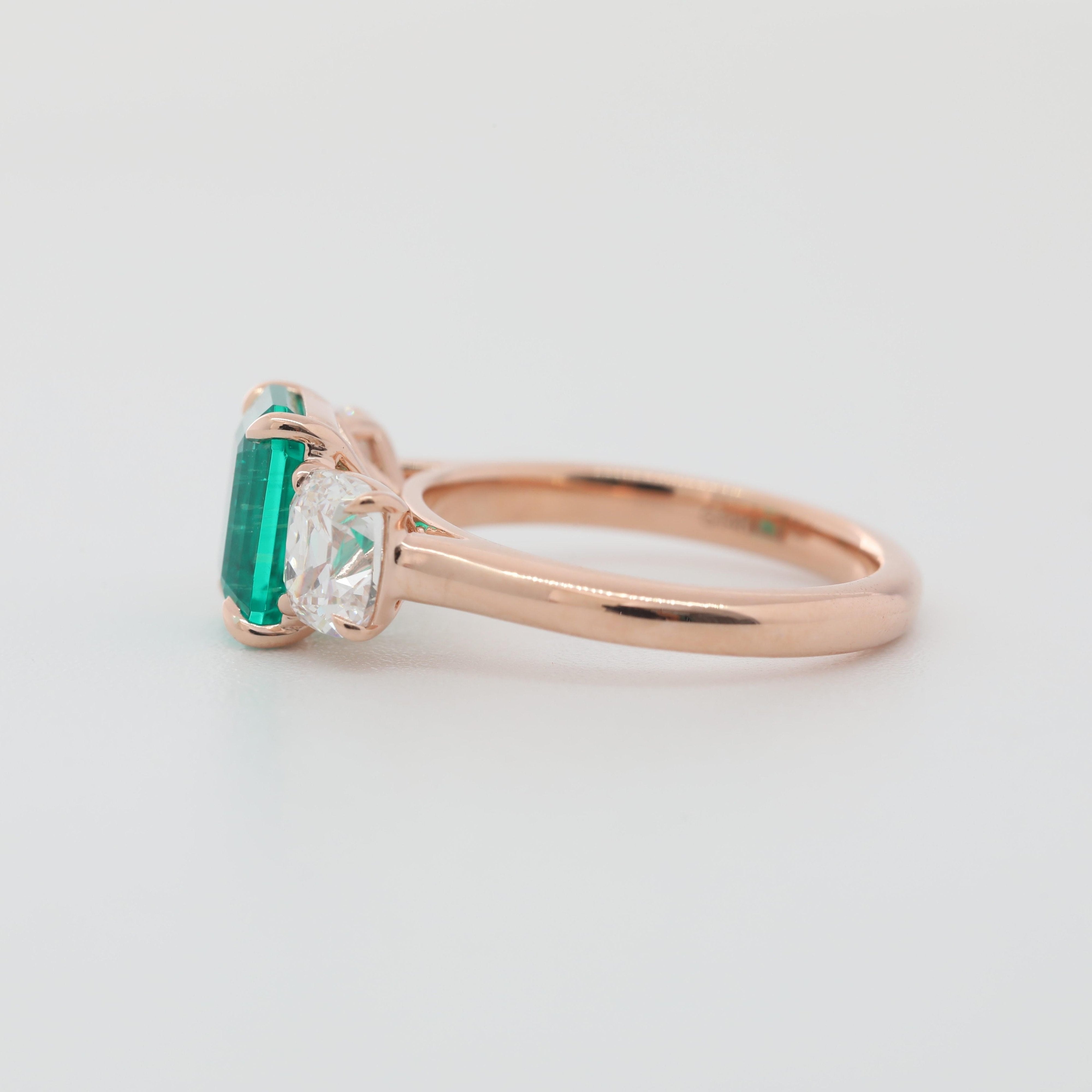 14K Rose Gold Lab Colombian Emerald Three-Stone Ring with Elongated Old Mine Cut Side Stones - MMR