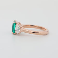 14K Rose Gold Lab Colombian Emerald Three-Stone Ring with Elongated Old Mine Cut Side Stones - MMR