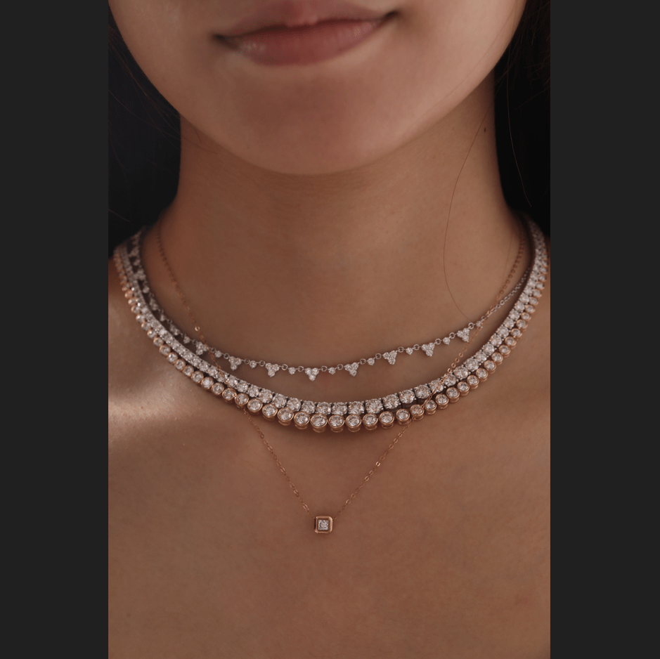 14K Rose Gold Princess Cut Lab Diamond Bezel Pendant Necklace - MMR