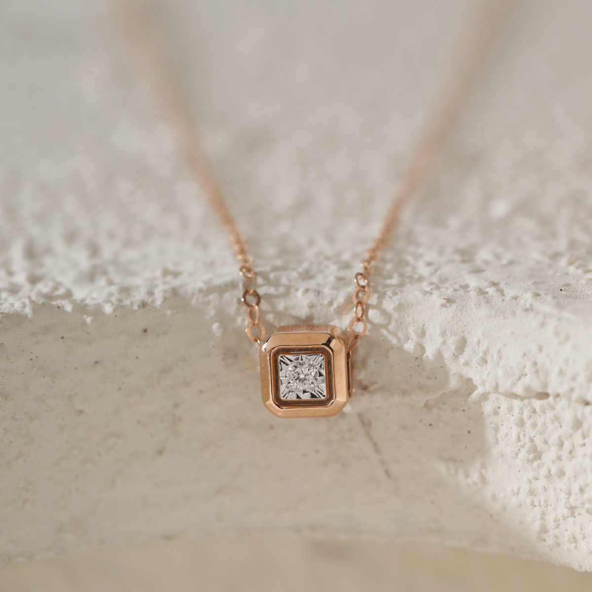 14K Rose Gold Princess Cut Lab Diamond Bezel Pendant Necklace - MMR