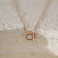 14K Rose Gold Princess Cut Lab Diamond Bezel Pendant Necklace - MMR