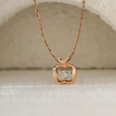 14K Rose Gold Round Lab Diamond Apple Pendant Necklace with Round Lab Diamond in A Diamond - Cut Texture Halo - MMR
