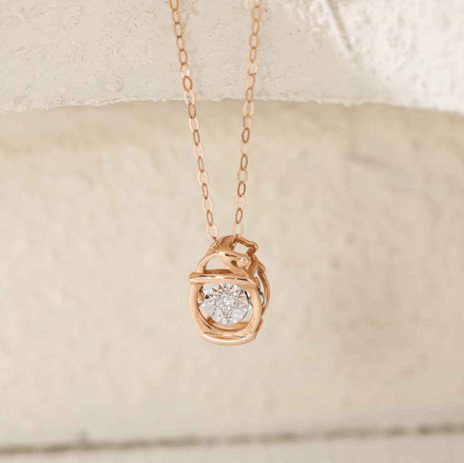 14K Rose Gold Round Lab Diamond Pendant Necklace Inspired by Lamps with Round Lab Diamond in A Diamond - Cut Texture Halo - MMR