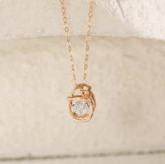 14K Rose Gold Round Lab Diamond Pendant Necklace Inspired by Lamps with Round Lab Diamond in A Diamond - Cut Texture Halo - MMR